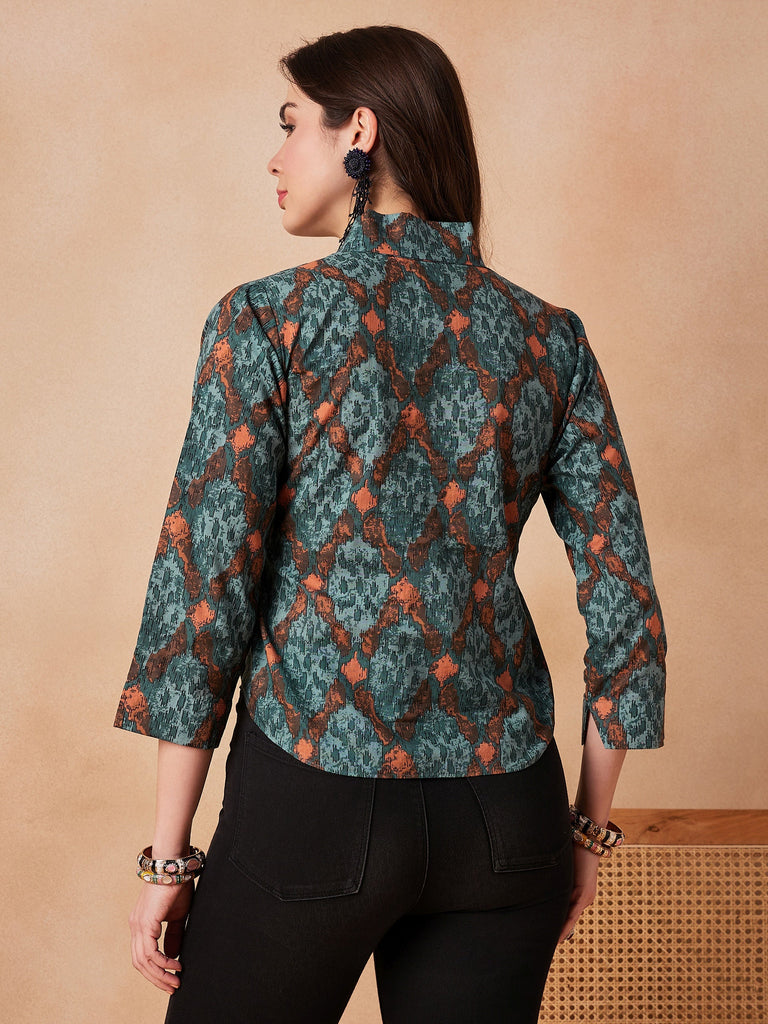 Women's Aqua Pearl Shawl Neck Top