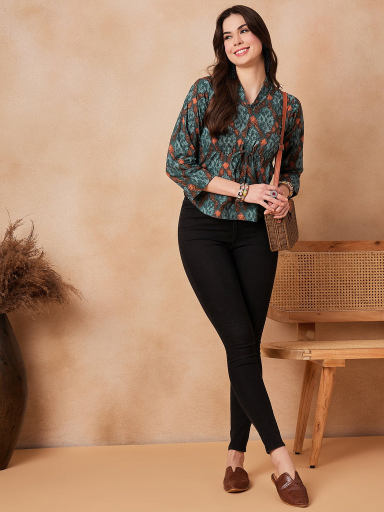 Women's Aqua Pearl Shawl Neck Top