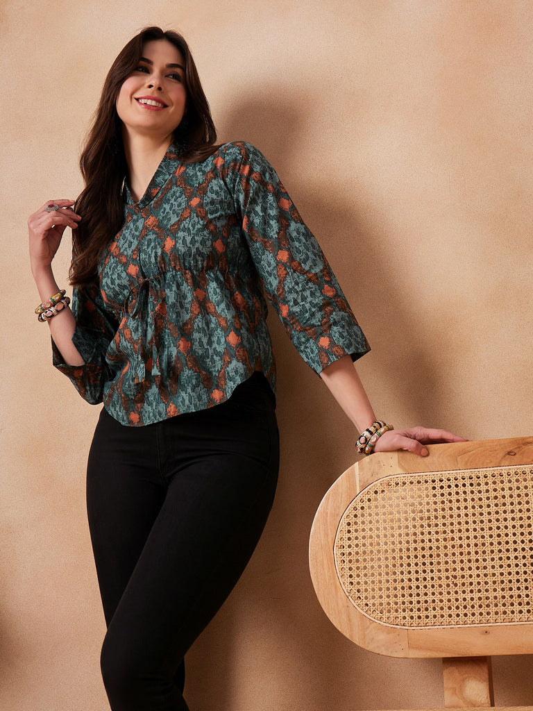 Women's Aqua Pearl Shawl Neck Top