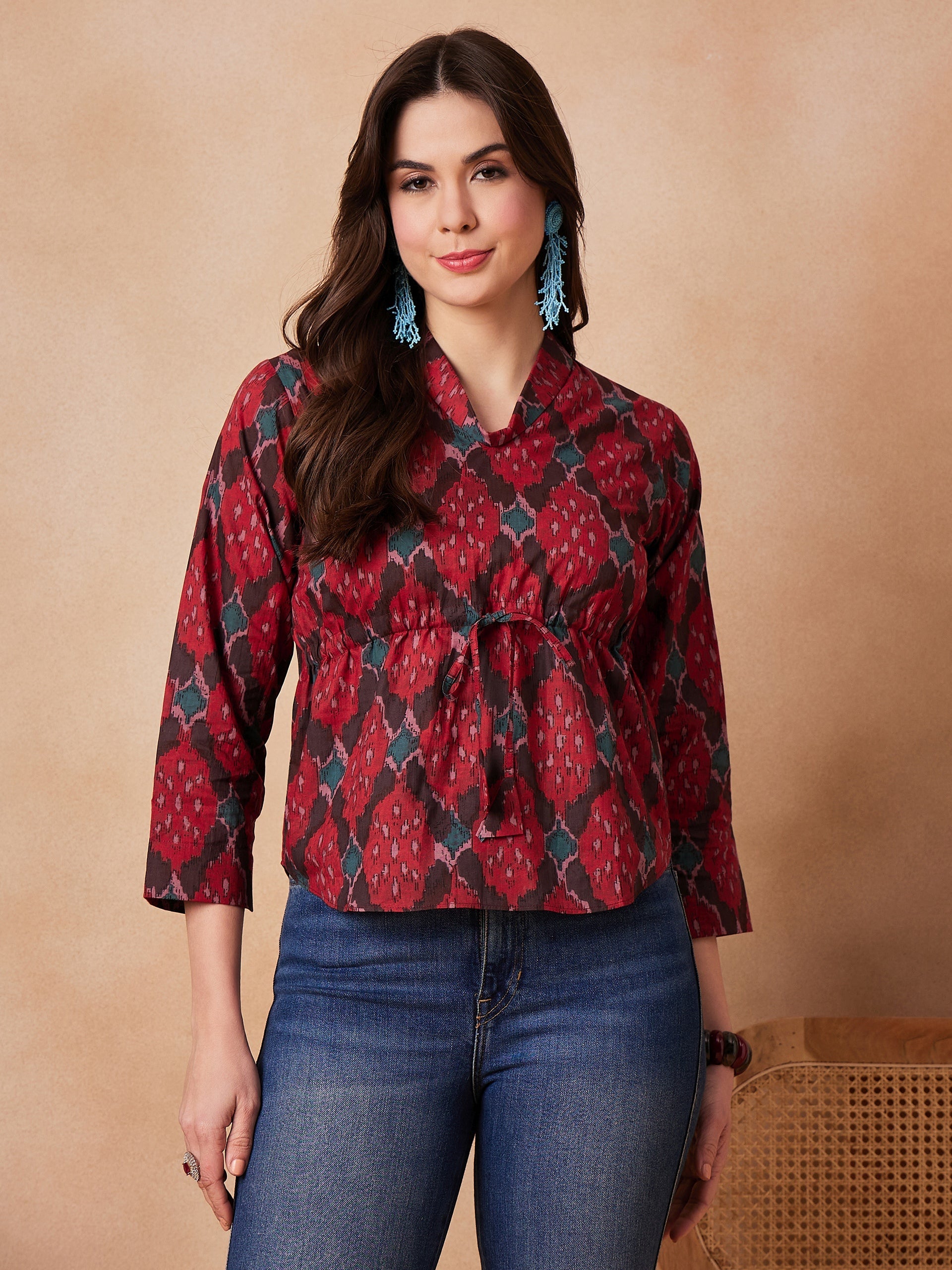 Women's Red Abstarct Printed Shawl Neck Top - InWeave