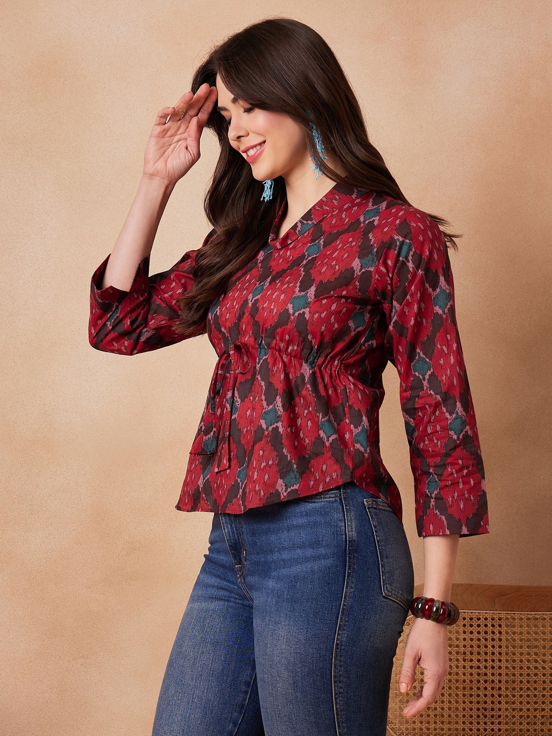 Women's Red Abstarct Printed Shawl Neck Top - InWeave