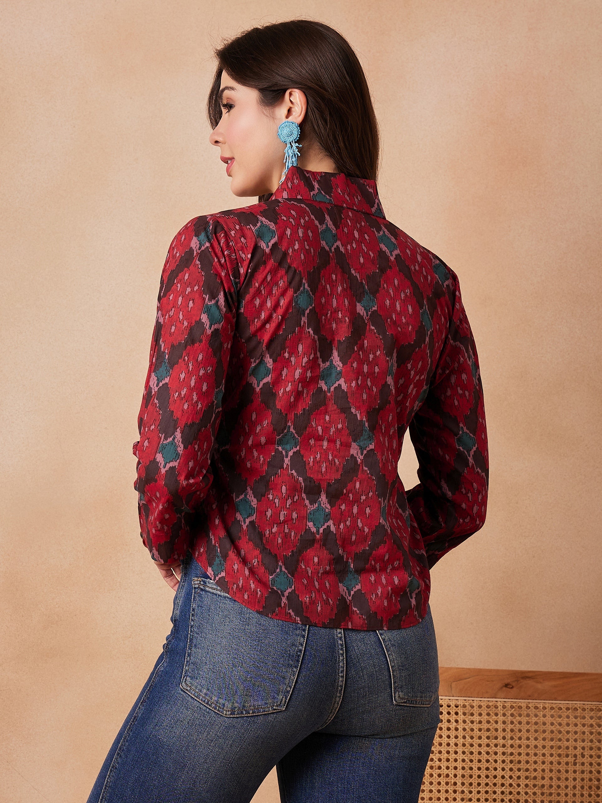 Women's Red Abstarct Printed Shawl Neck Top - InWeave