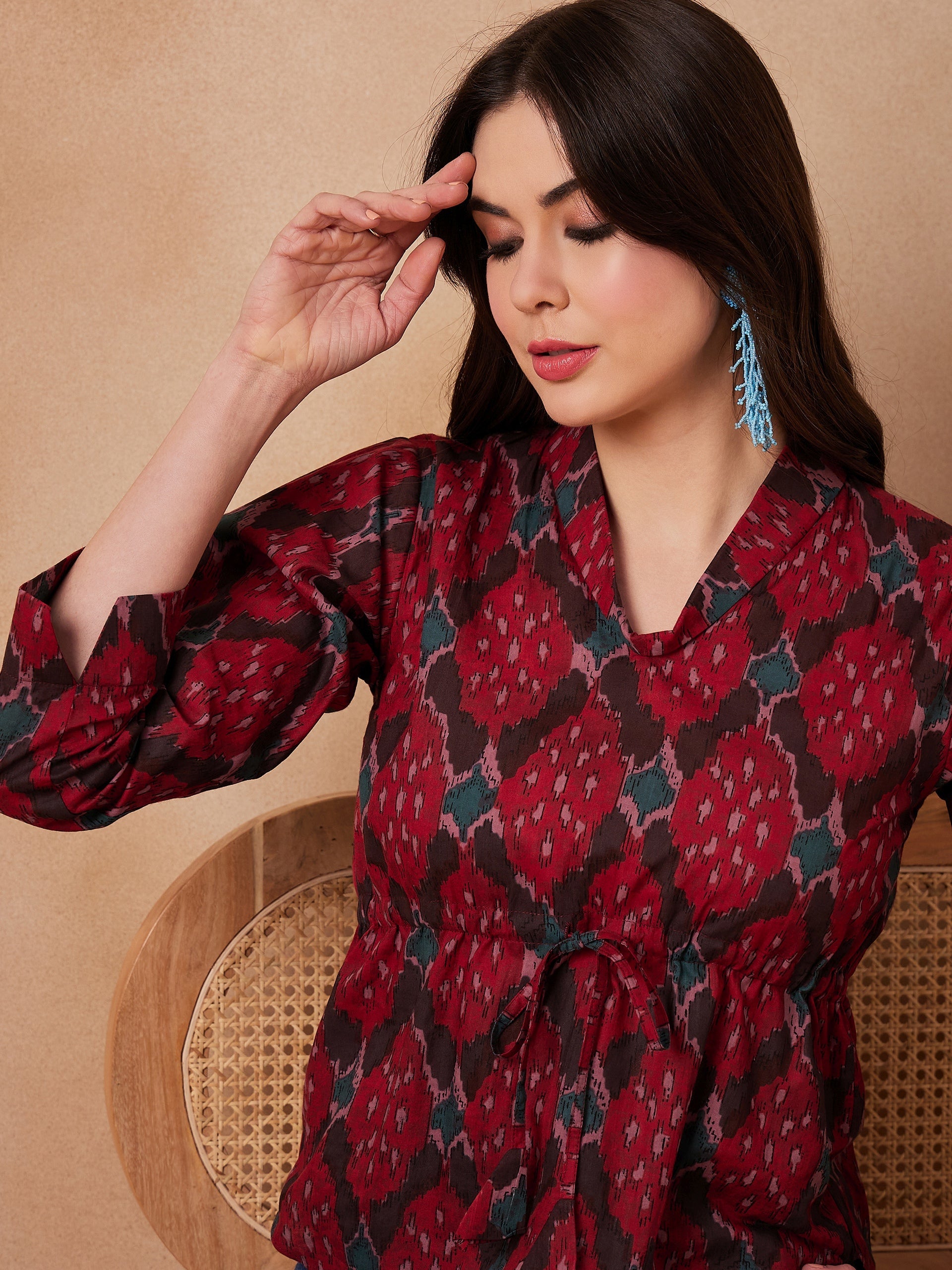 Women's Red Abstarct Printed Shawl Neck Top - InWeave