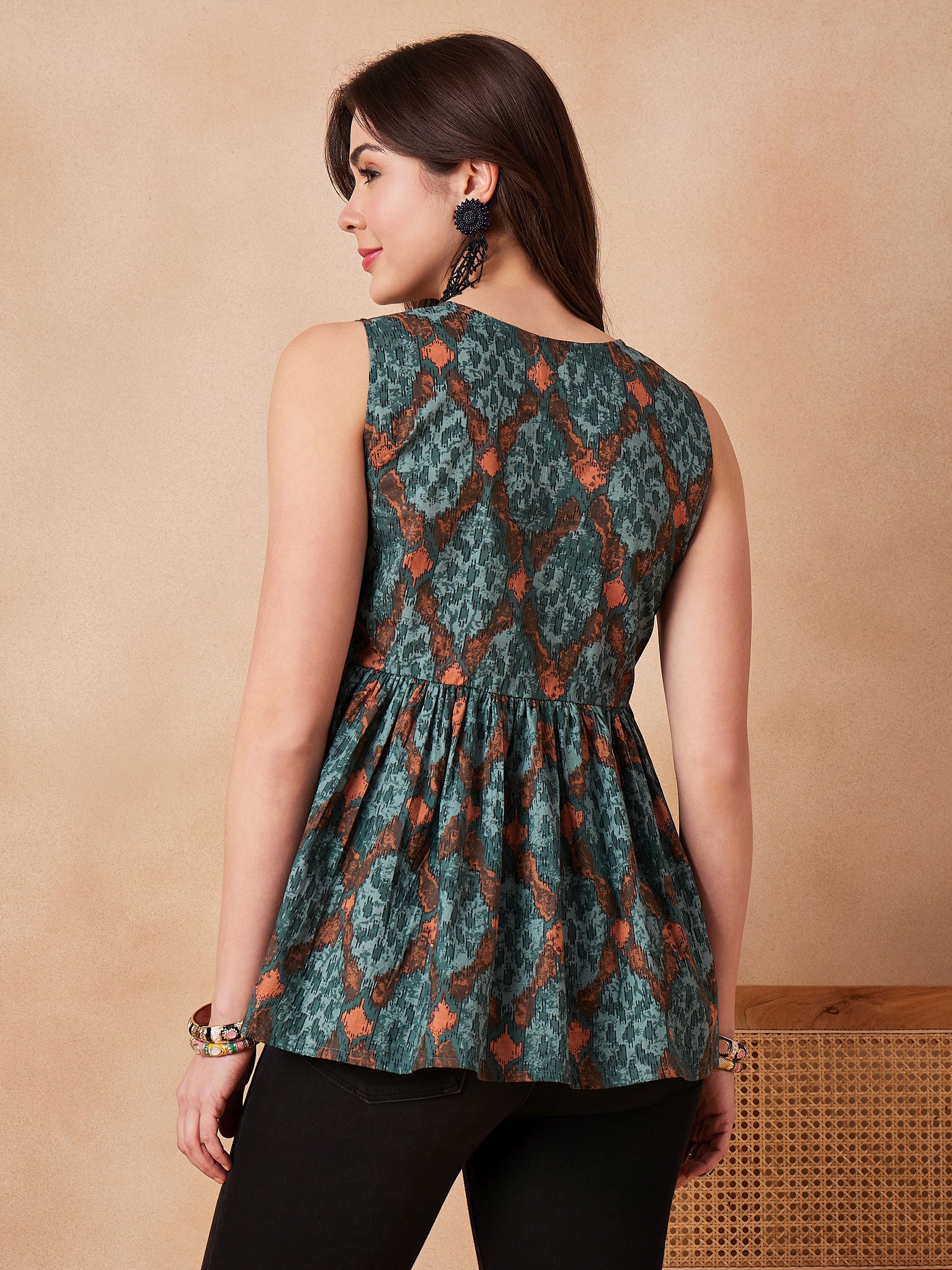 Women's Aqua Pearl Abstarct Printed Round Neck Top - InWeave