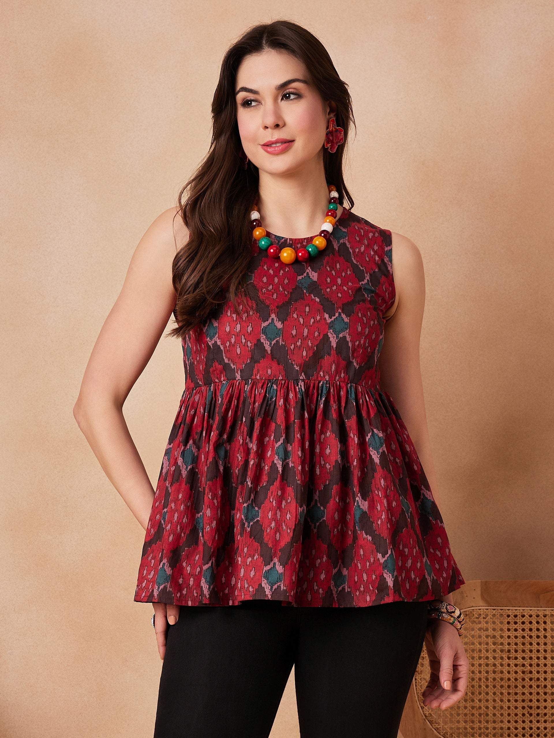 Women's Red Abstarct Printed Round Neck Top - InWeave