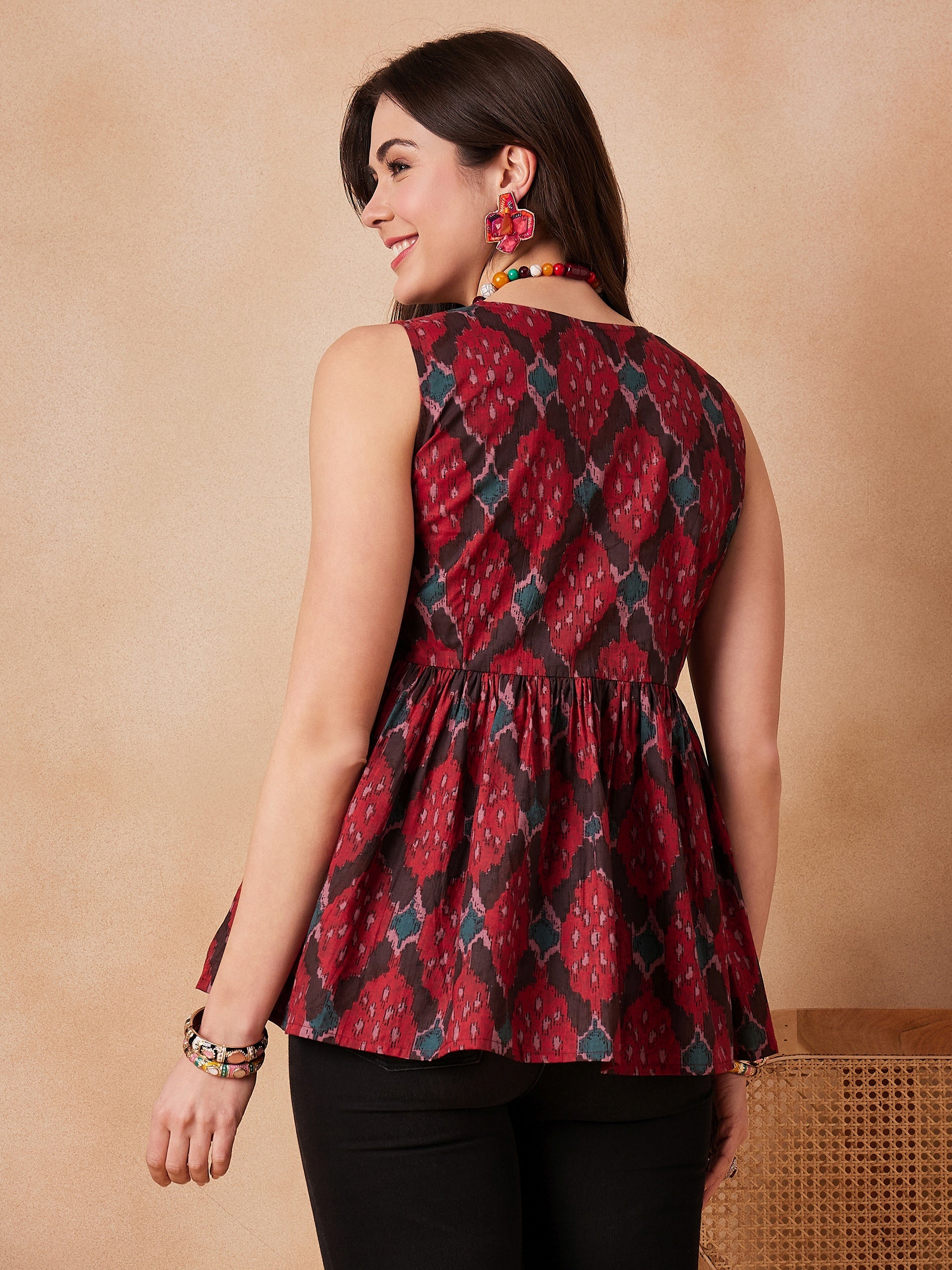 Women's Red Abstarct Printed Round Neck Top - InWeave