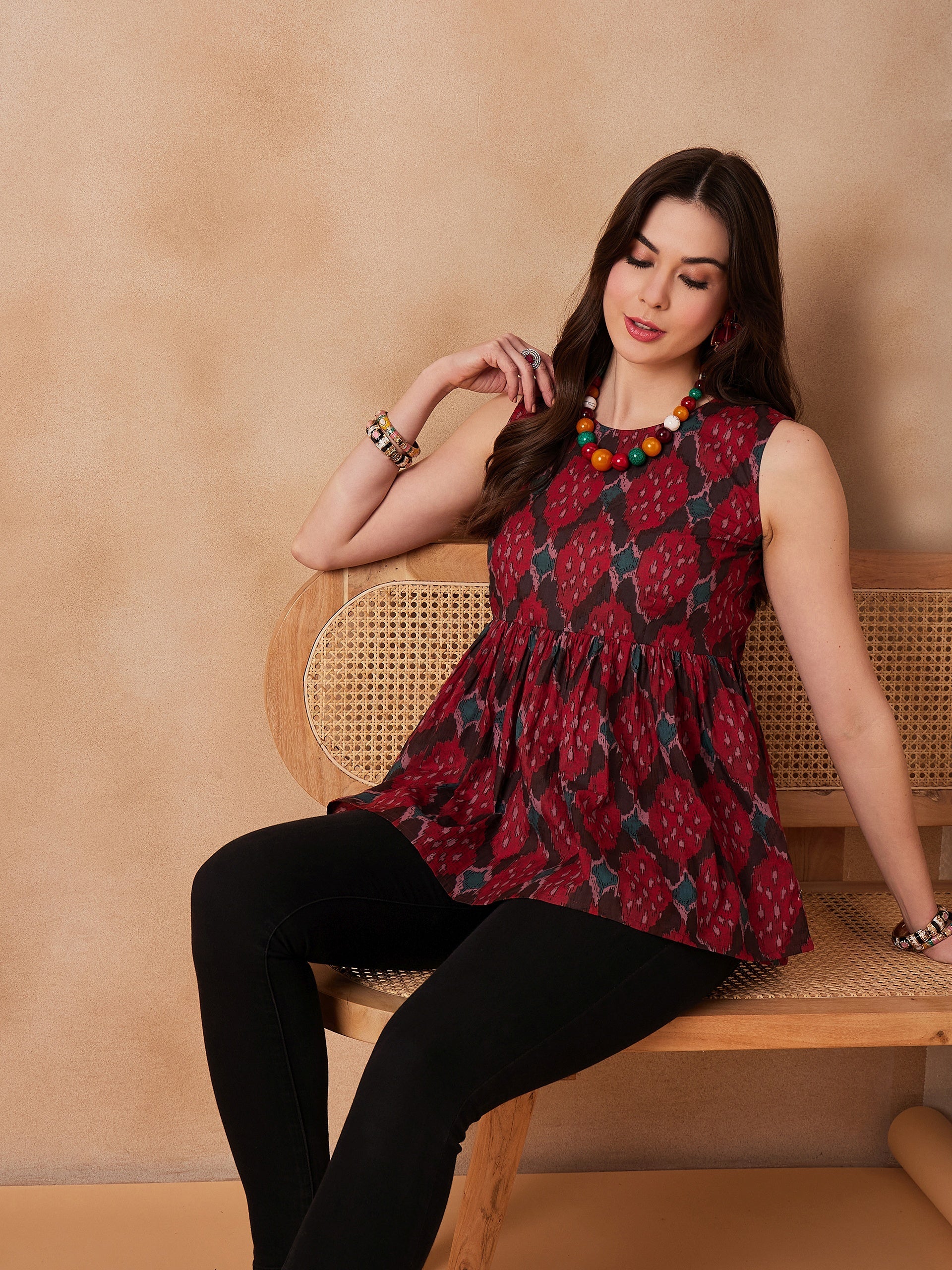 Women's Red Abstarct Printed Round Neck Top - InWeave