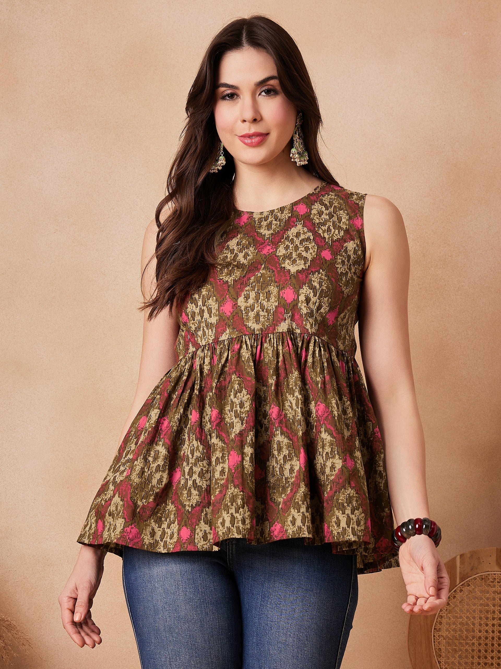 Women's Mehandi Green Abstarct Printed Round Neck Top - InWeave