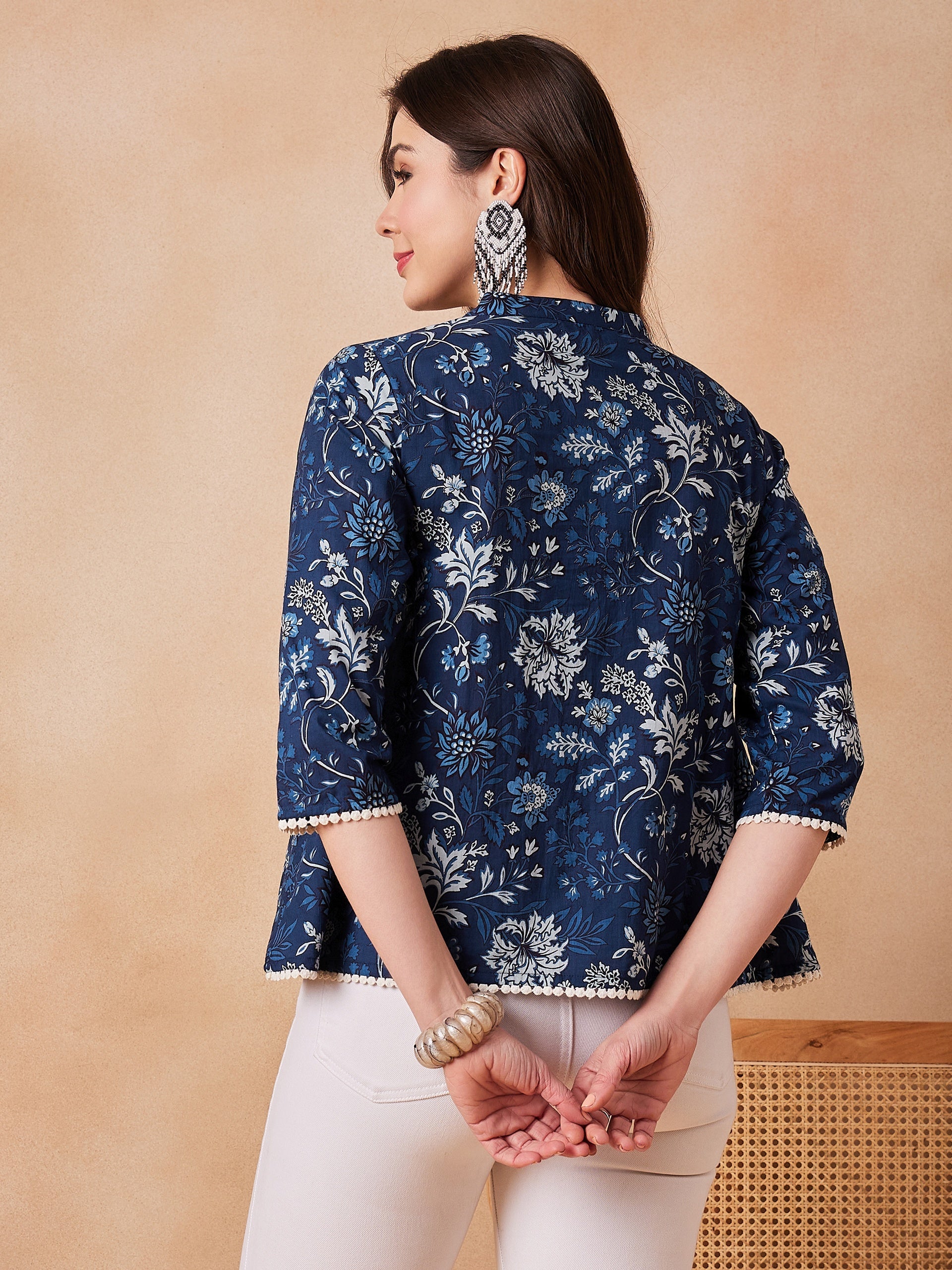 Women's Indigo Floral Mandarin Neck Button Top - InWeave