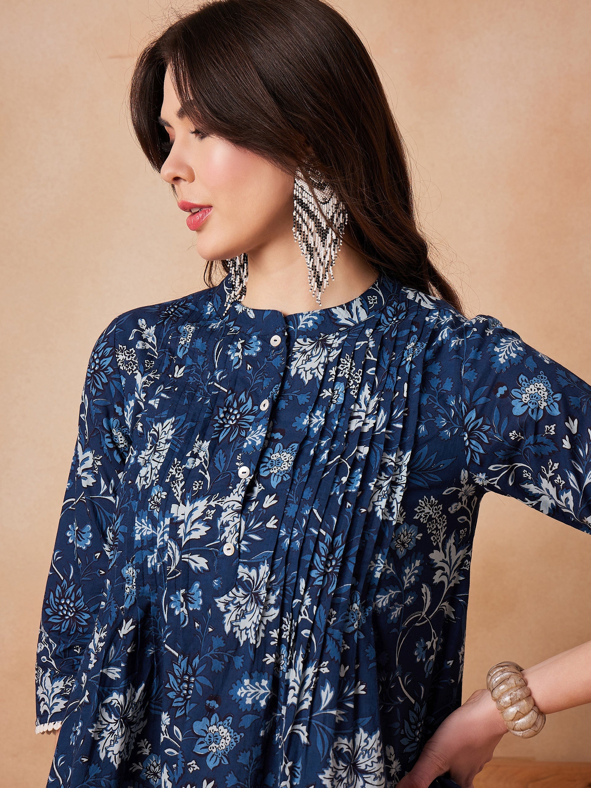 Women's Indigo Floral Mandarin Neck Button Top - InWeave