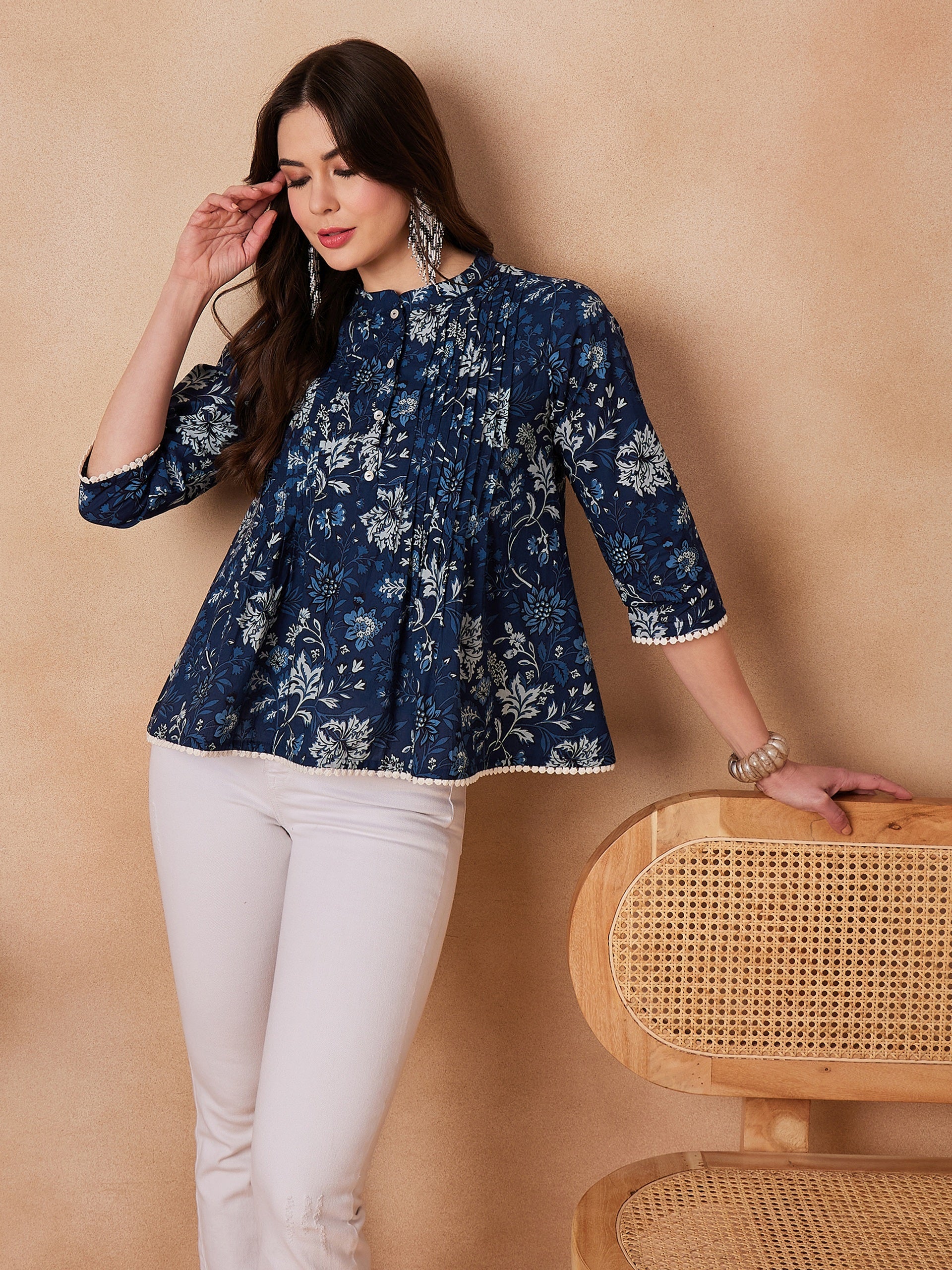 Women's Indigo Floral Mandarin Neck Button Top - InWeave