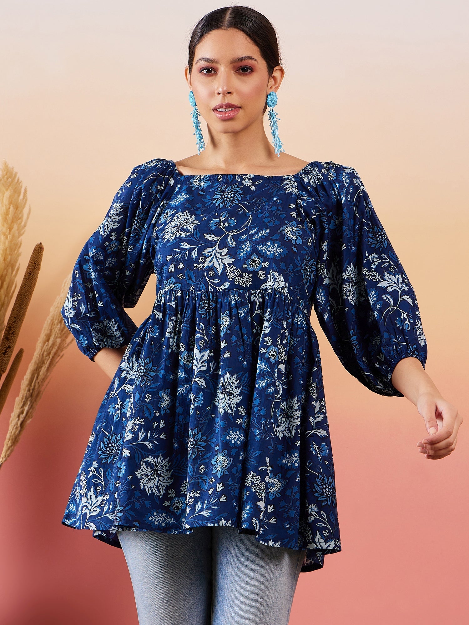 Women's Indigo Floral Print Cold Shoulder Top - InWeave