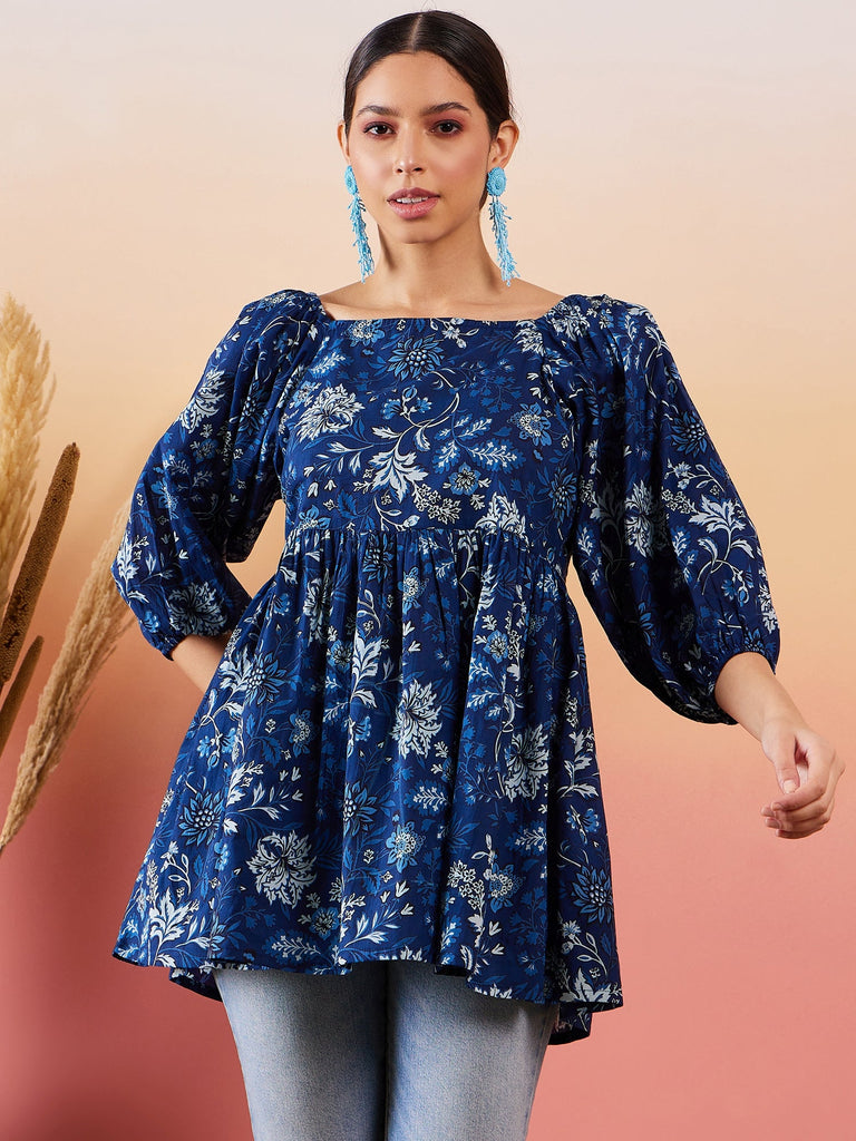 Women's Indigo Floral Print Cold Shoulder Top