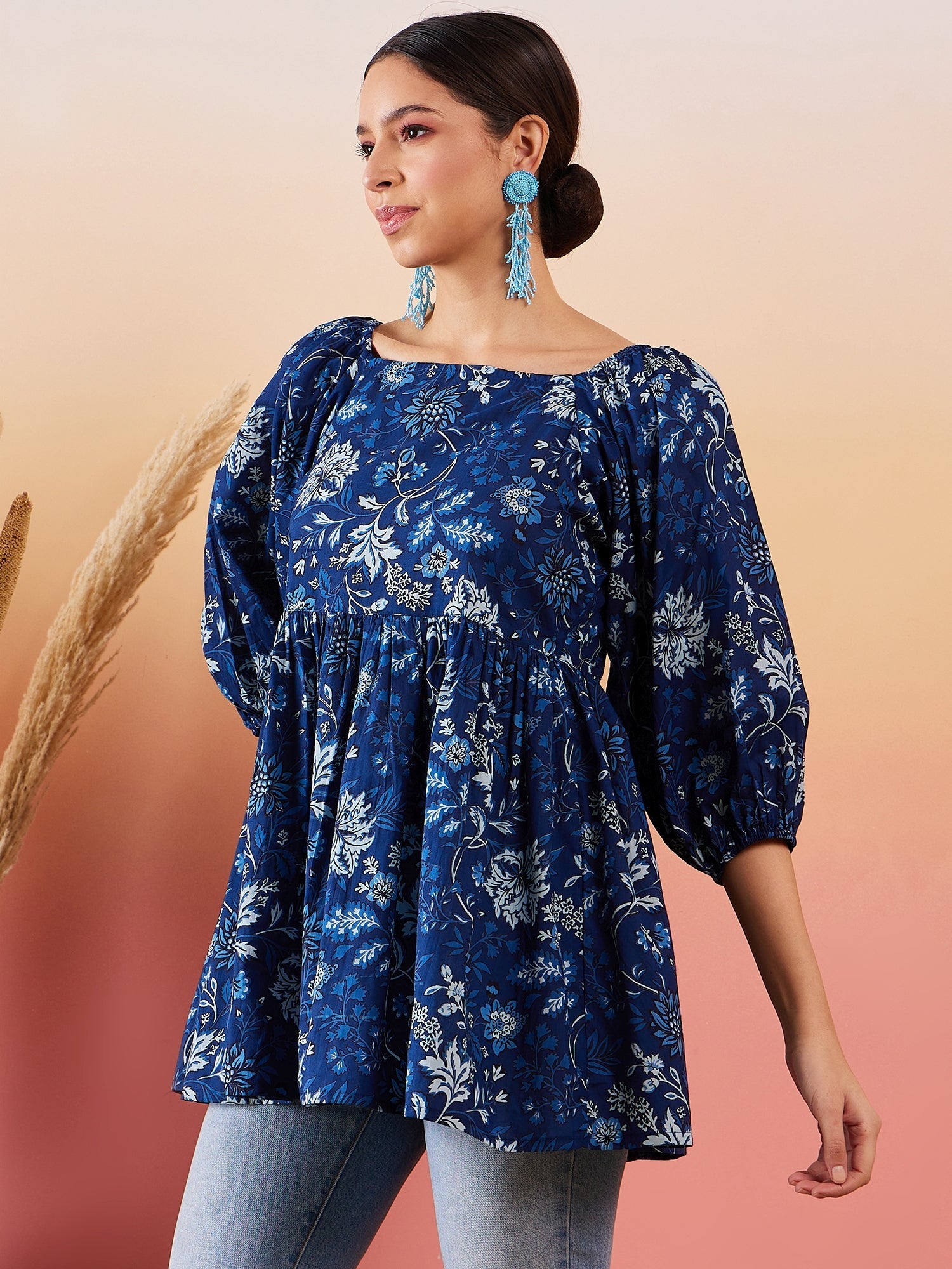 Women's Indigo Floral Print Cold Shoulder Top
