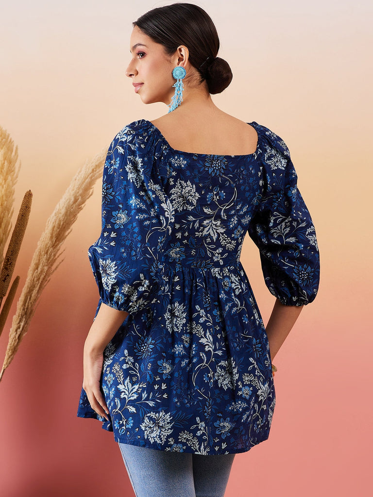 Women's Indigo Floral Print Cold Shoulder Top