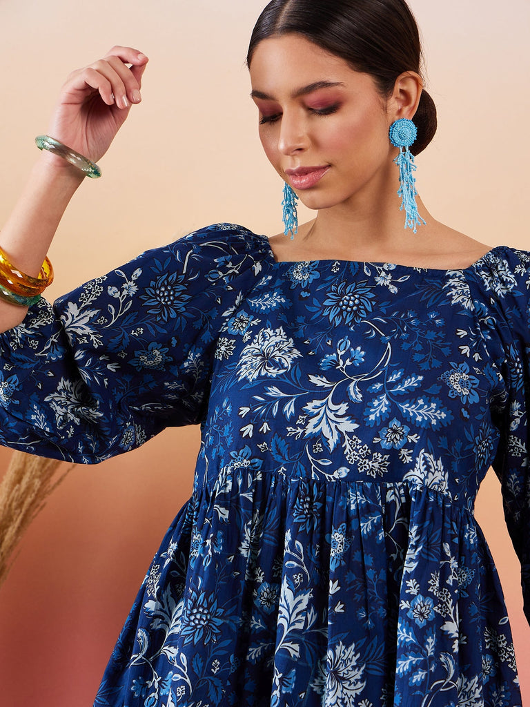 Women's Indigo Floral Print Cold Shoulder Top