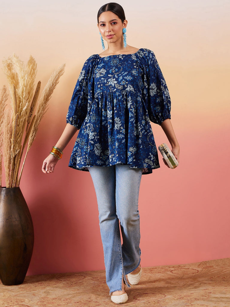 Women's Indigo Floral Print Cold Shoulder Top