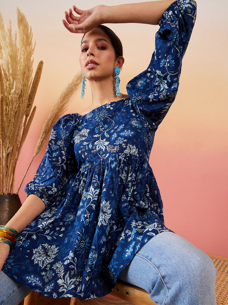 Women's Indigo Floral Print Cold Shoulder Top