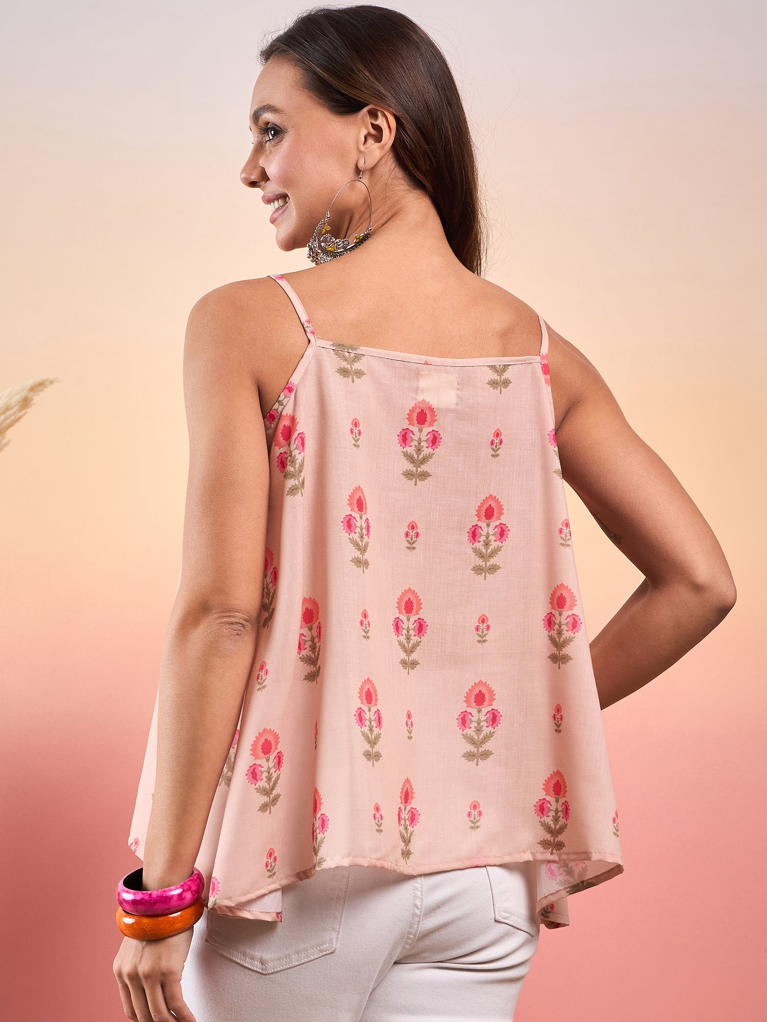 Women's Light Peach Floral Strappe Flare Top - InWeave