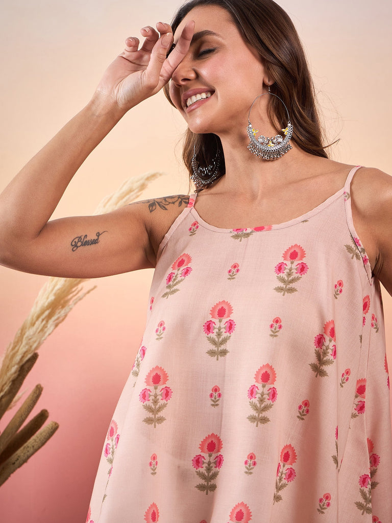 Women's Light Peach Floral Strappe Flare Top