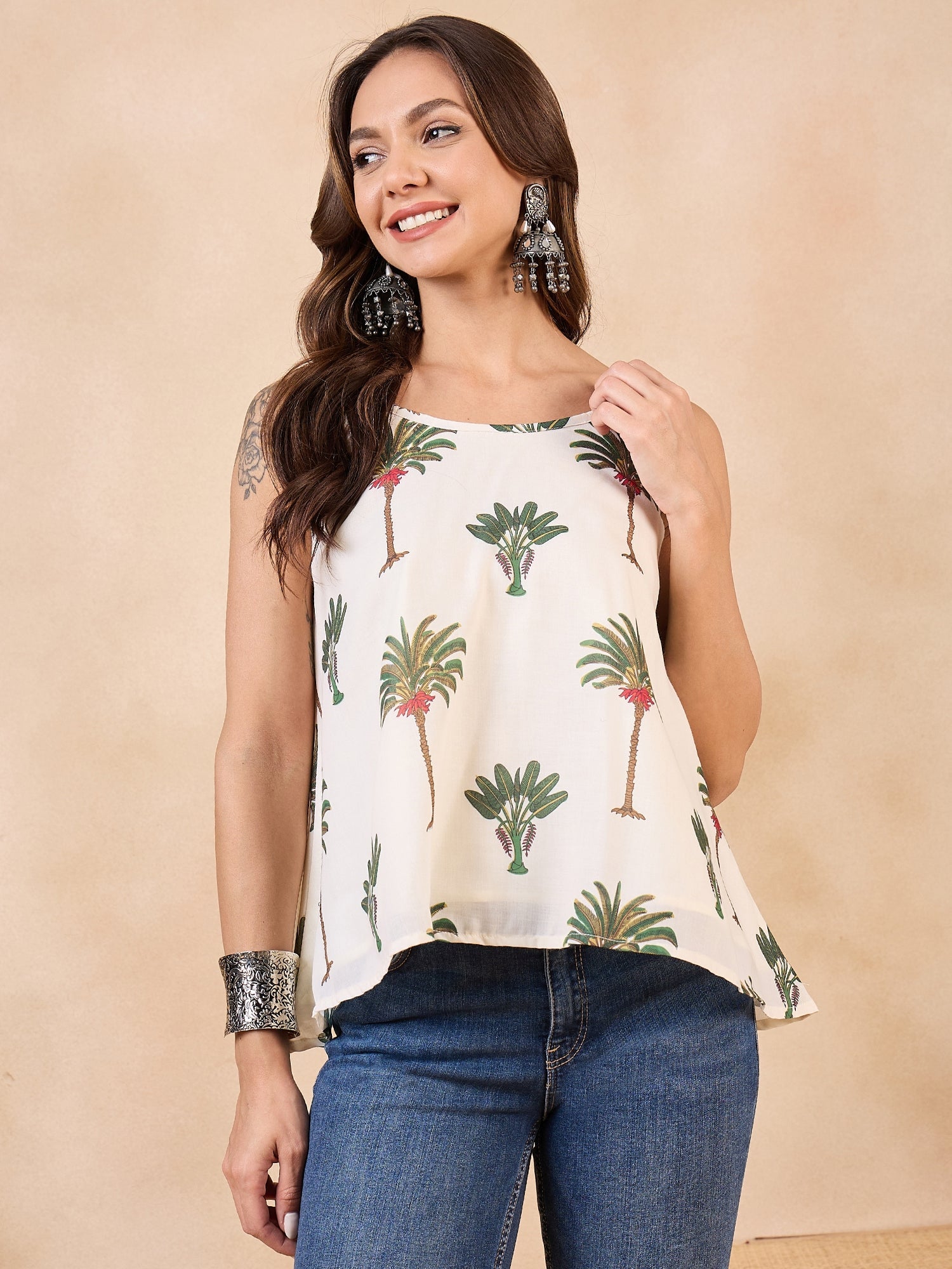 Women's Offwhite Banana Coconut Tree Strappe Flare Top - InWeave