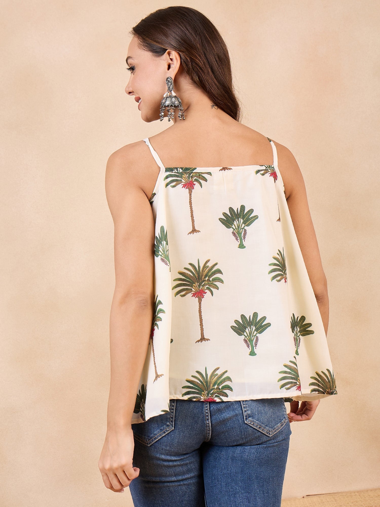 Women's Offwhite Banana Coconut Tree Strappe Flare Top - InWeave