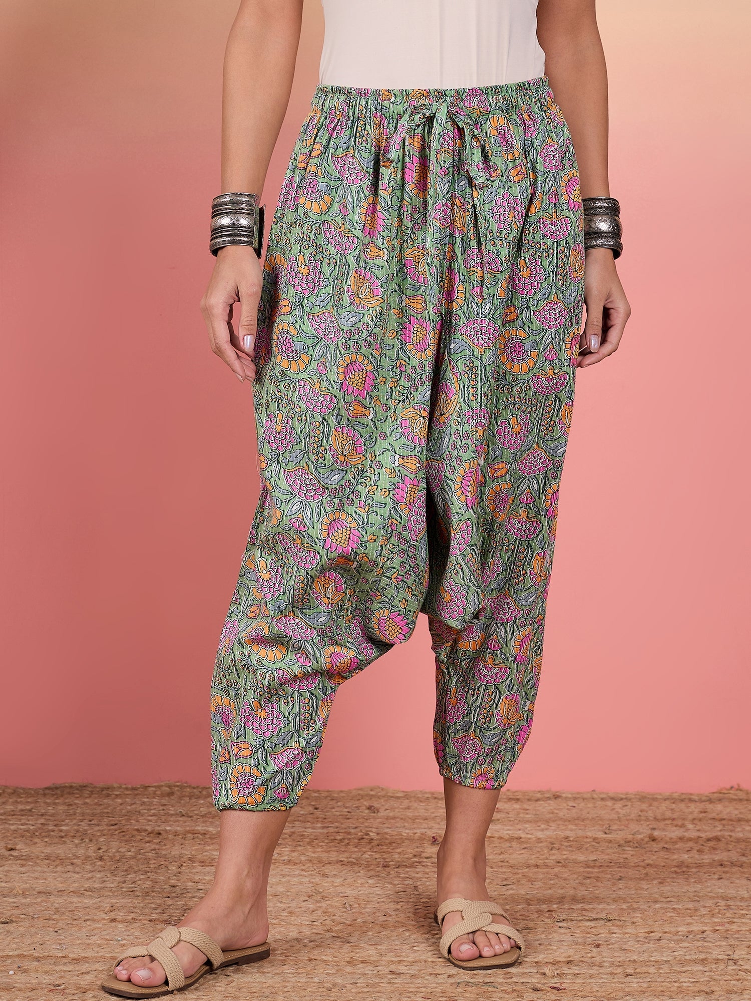 Women's Mint Green Kantha Floral Jaal Print Harem Pant - InWeave