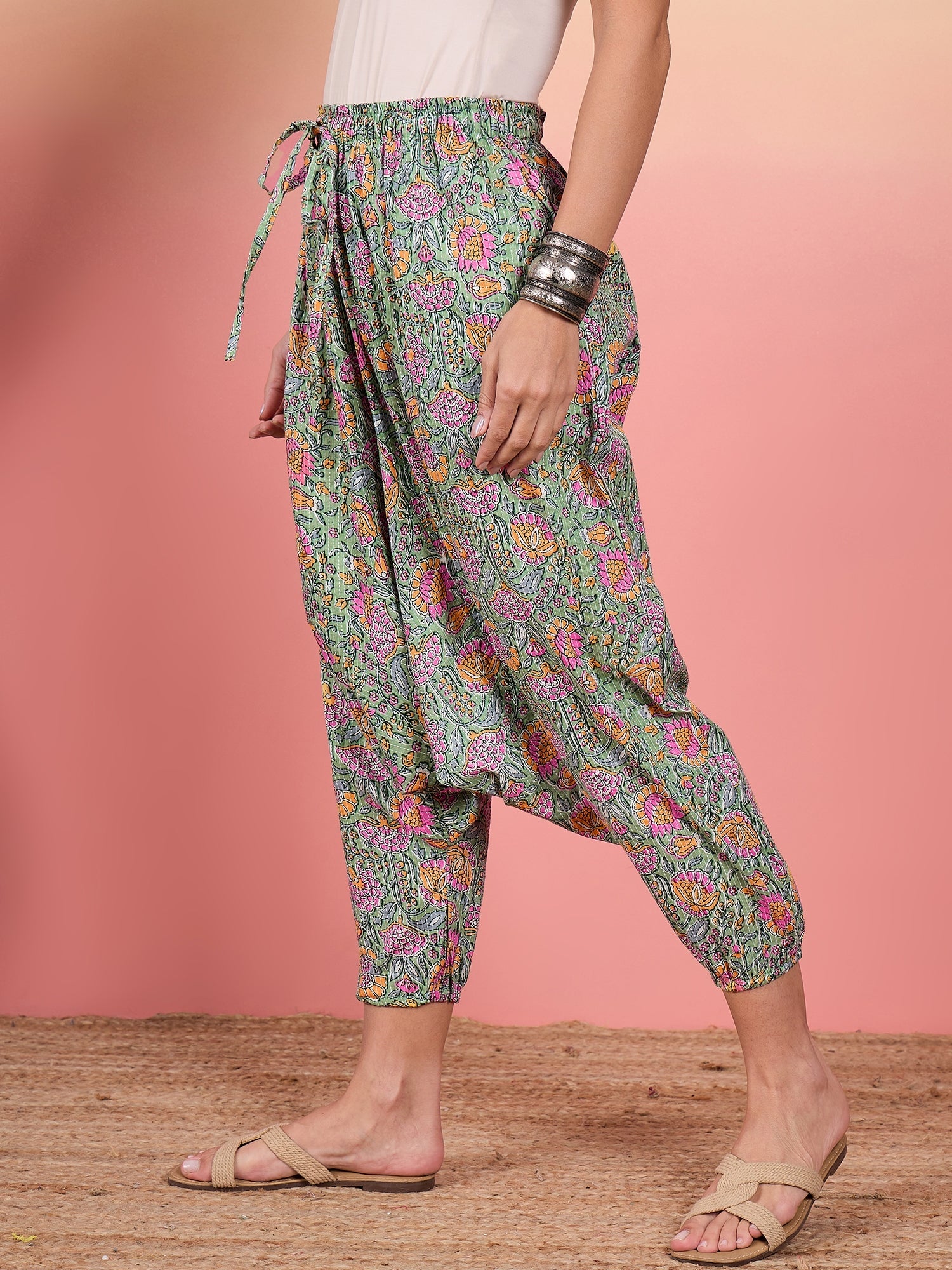 Women's Mint Green Kantha Floral Jaal Print Harem Pant - InWeave