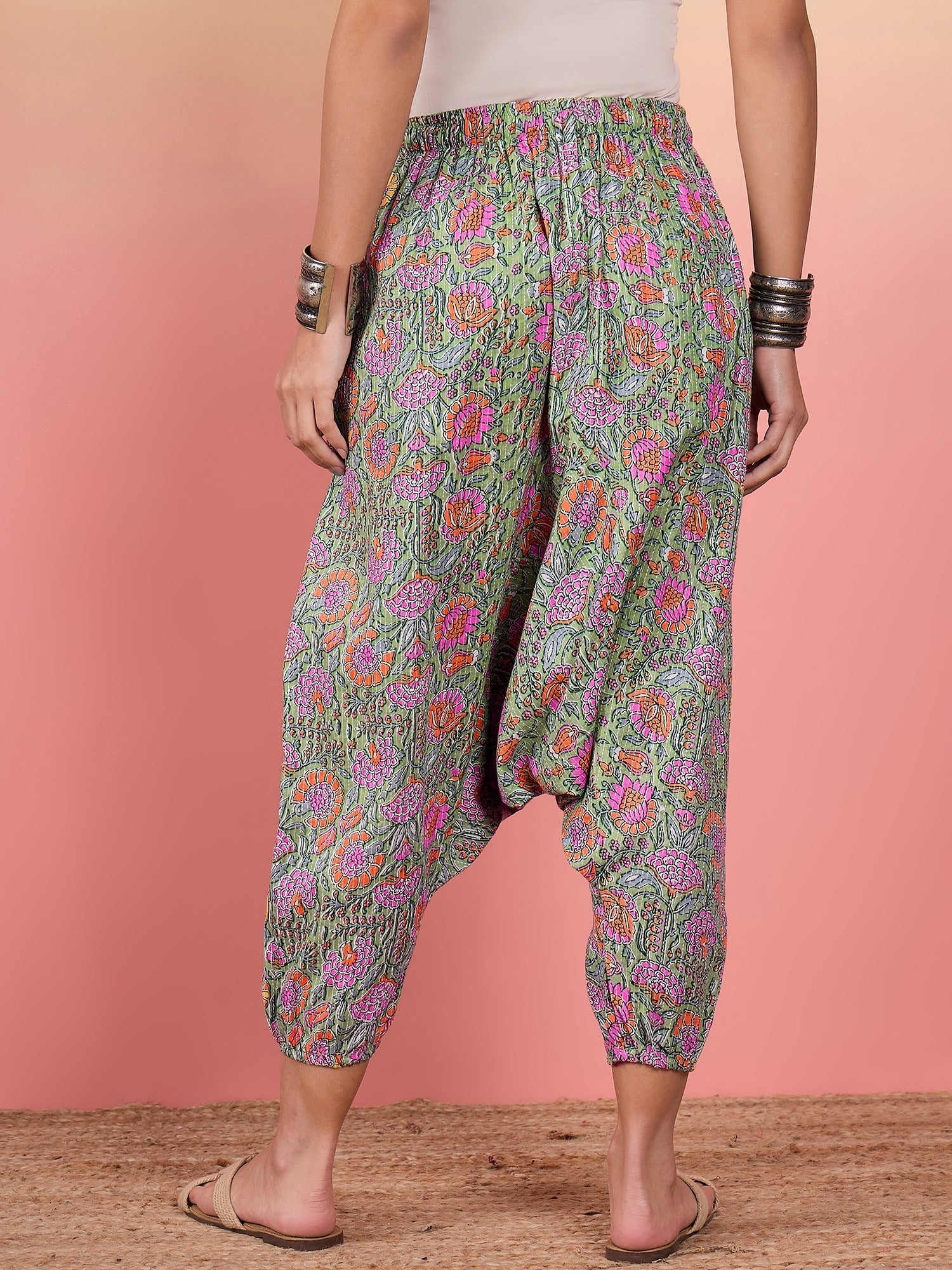 Women's Mint Green Kantha Floral Jaal Print Harem Pant - InWeave