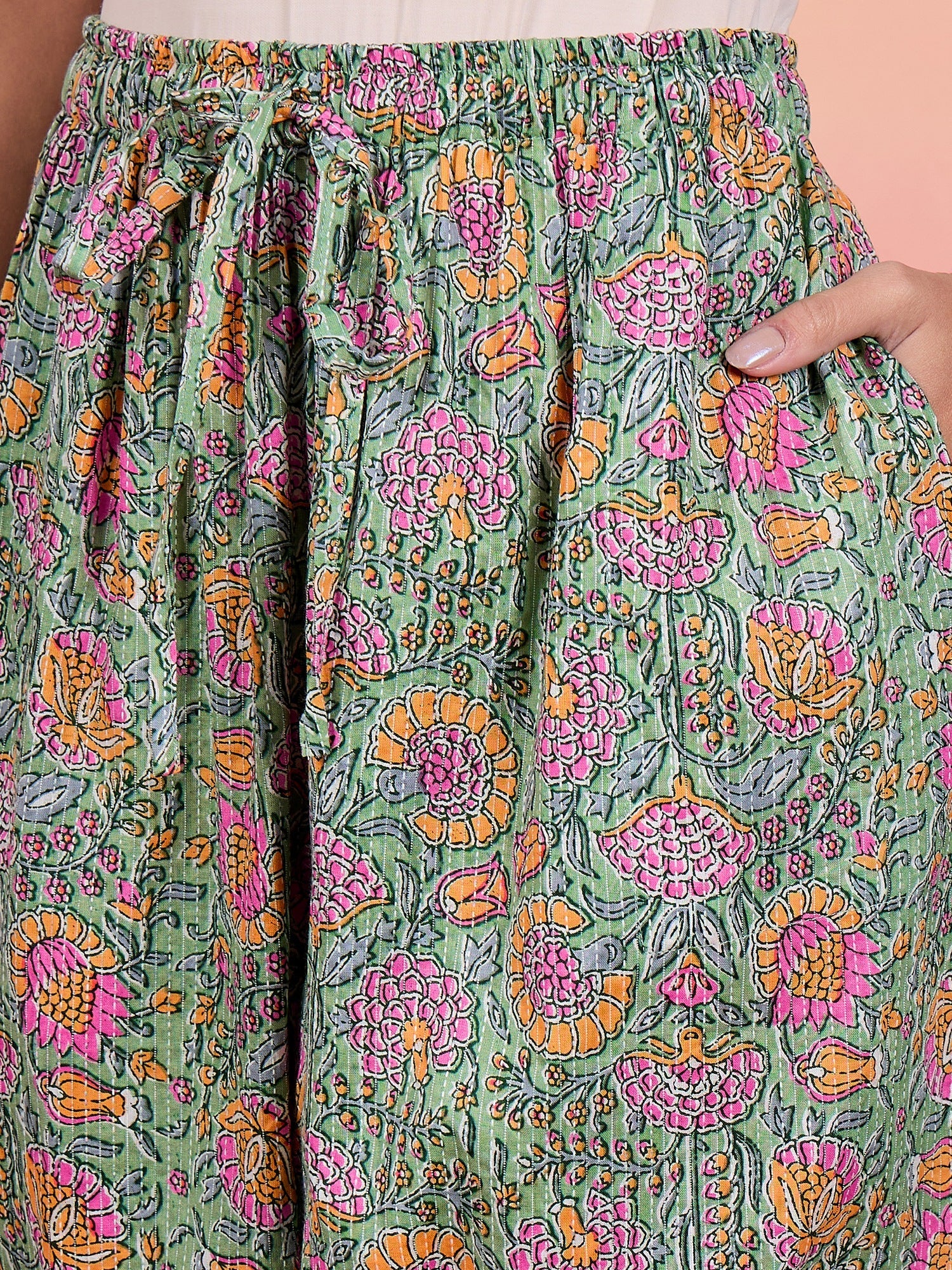 Women's Mint Green Kantha Floral Jaal Print Harem Pant - InWeave