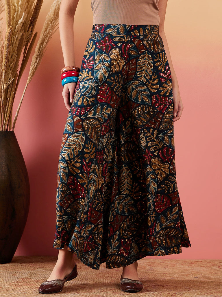 Women's Teal Maroon Leaf Print Foil Palazzo