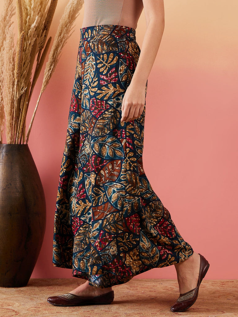Women's Teal Maroon Leaf Print Foil Palazzo
