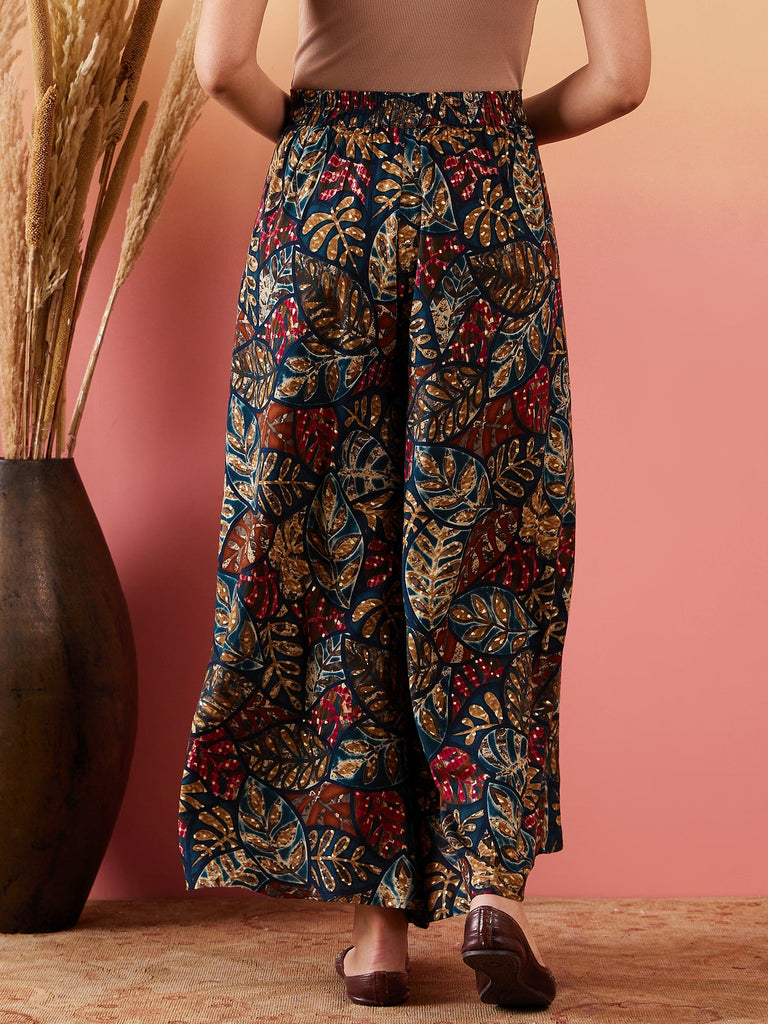 Women's Teal Maroon Leaf Print Foil Palazzo