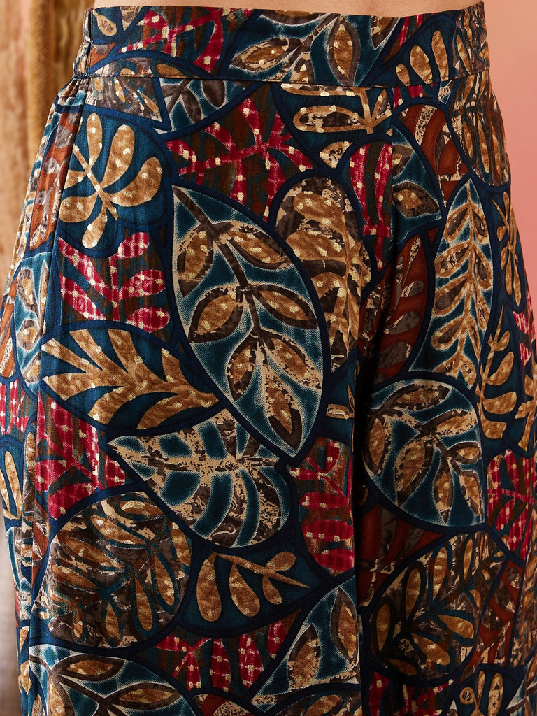 Women's Teal Maroon Leaf Print Foil Palazzo