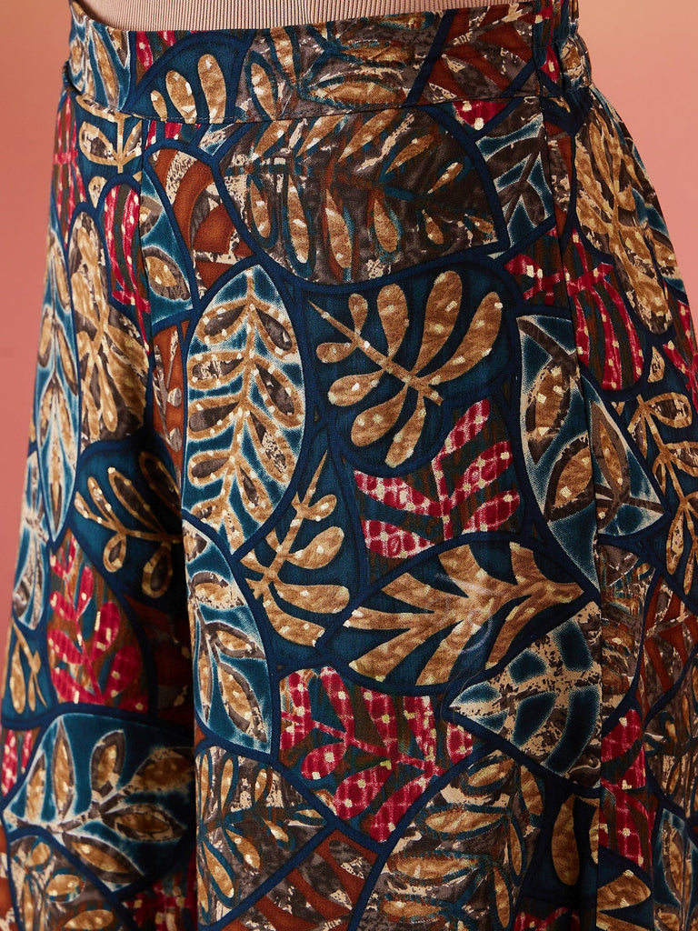 Women's Teal Maroon Leaf Print Foil Palazzo