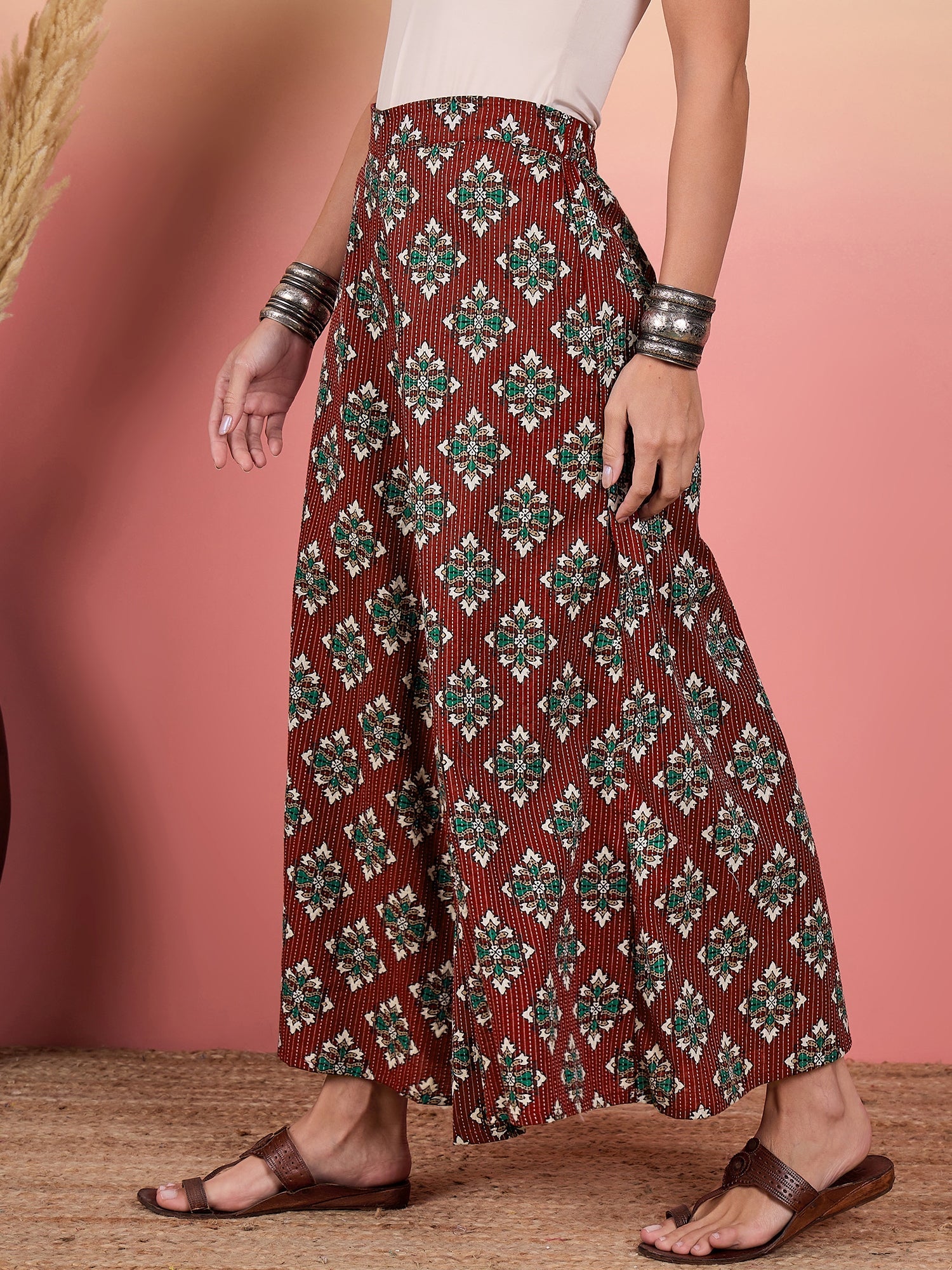 Women's Burgundy Kantha Boota Palazzo - InWeave