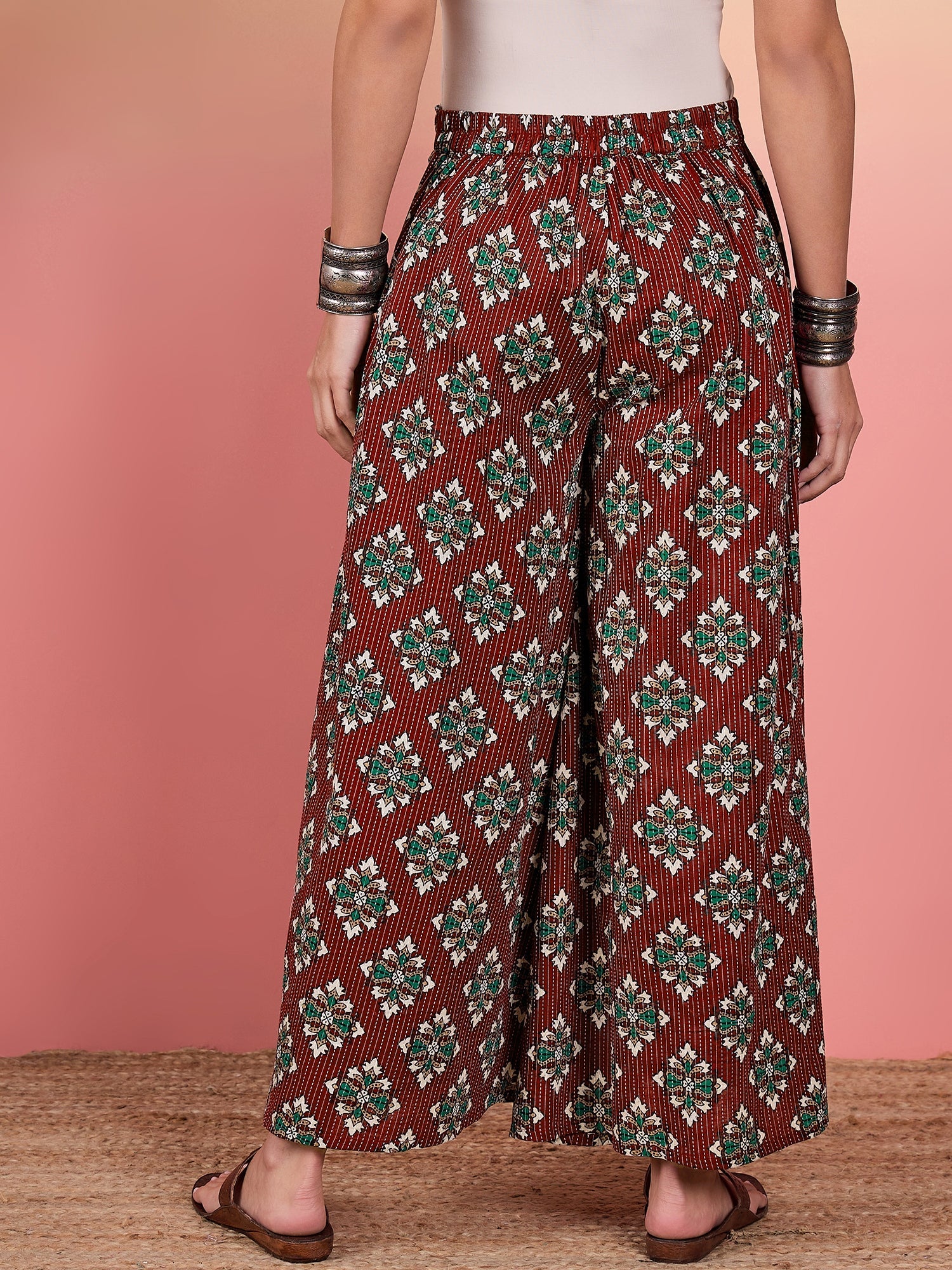 Women's Burgundy Kantha Boota Palazzo - InWeave