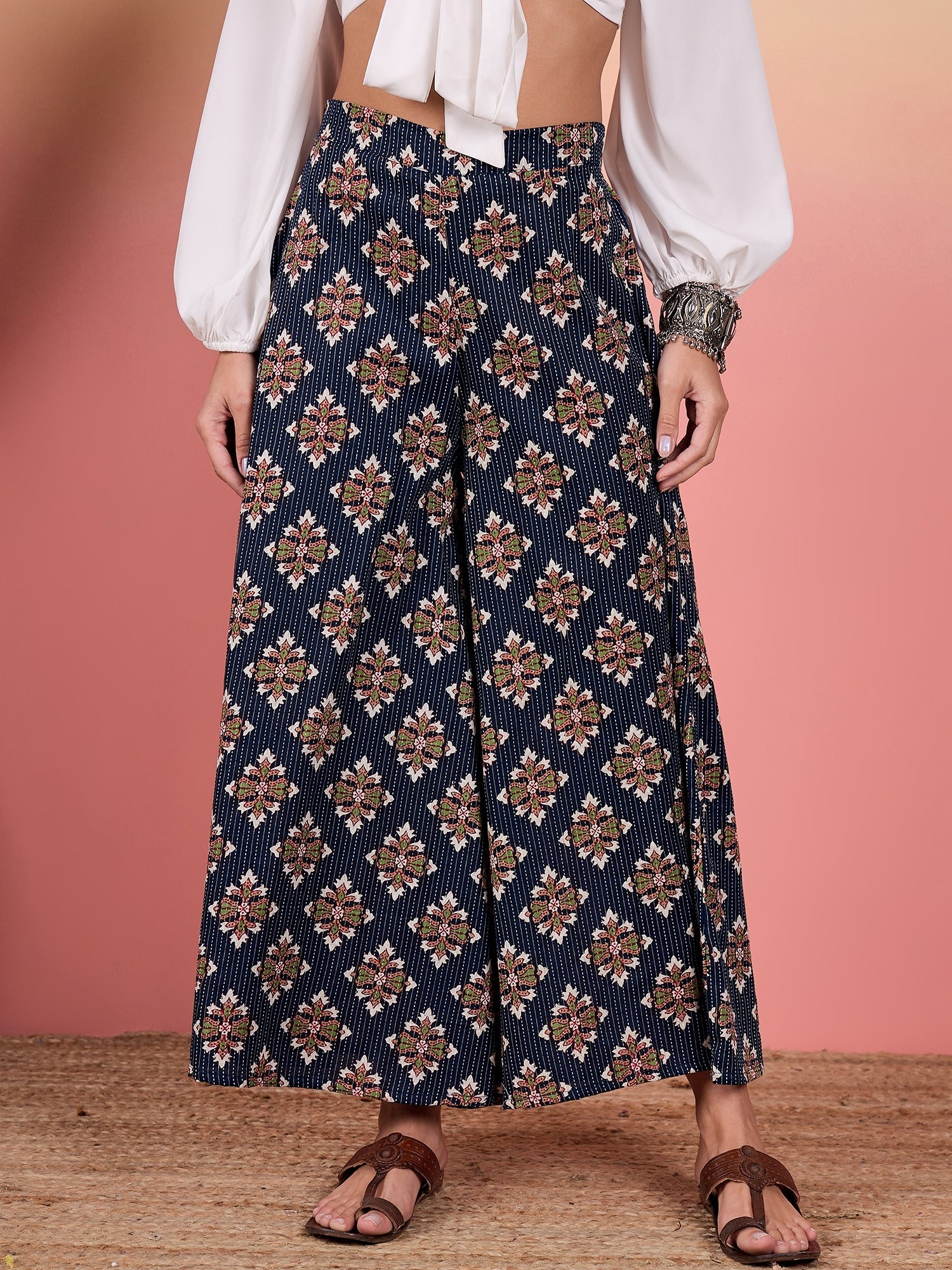 Women's Indigo Kantha Boota Print Palazzo - InWeave