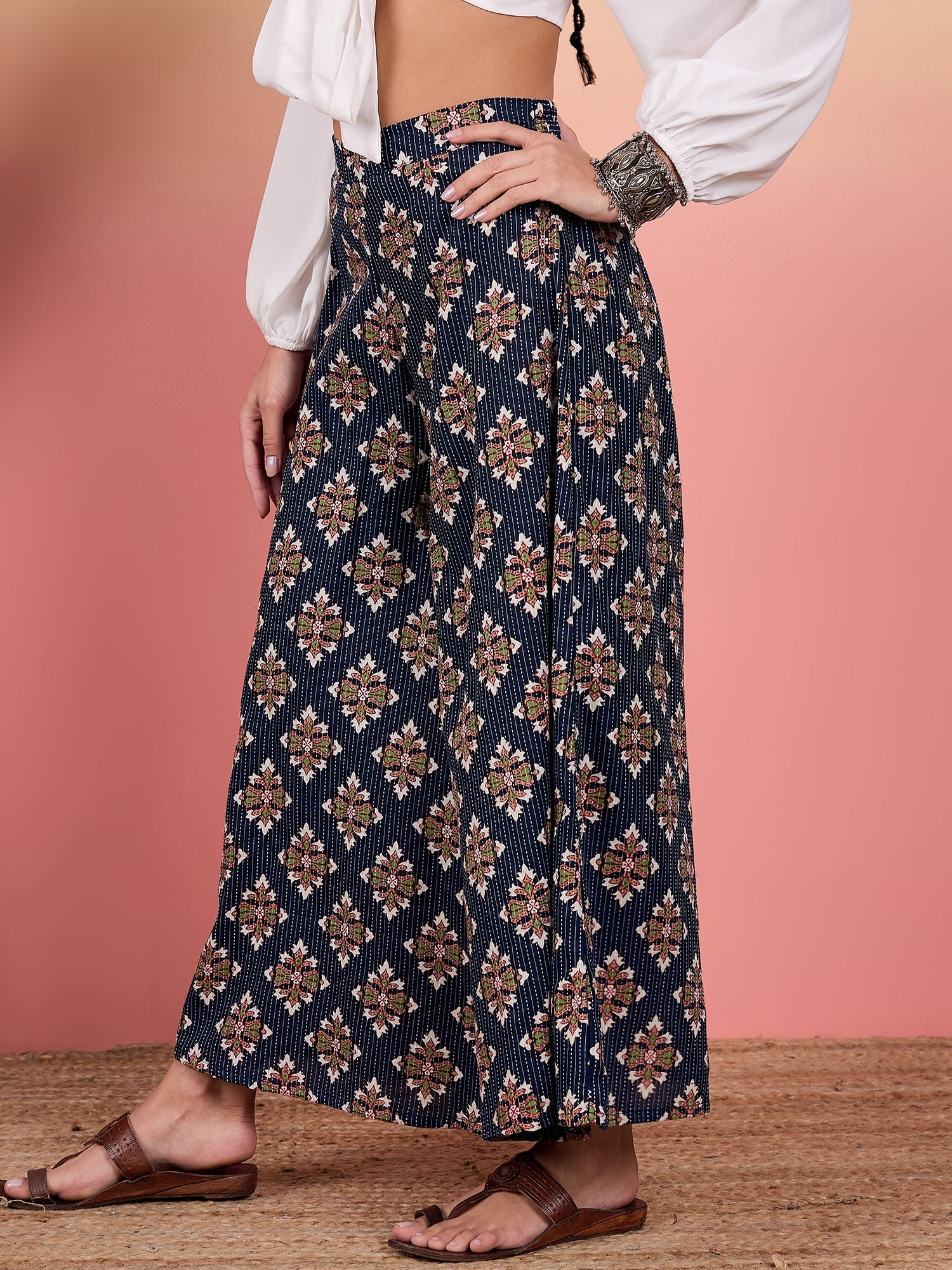 Women's Indigo Kantha Boota Print Palazzo - InWeave