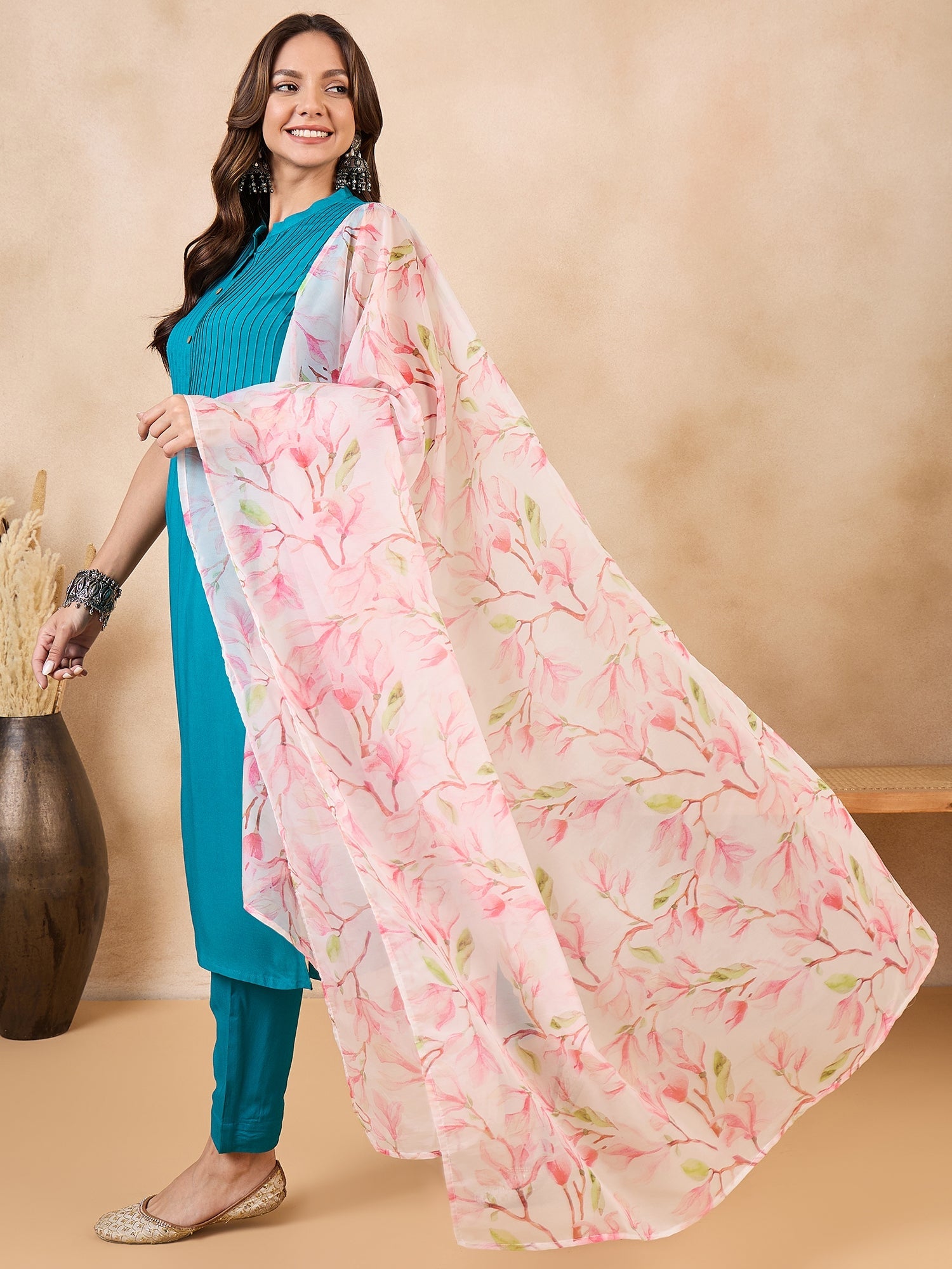 Women's White Peach Floral Print Organza Dupatta - InWeave