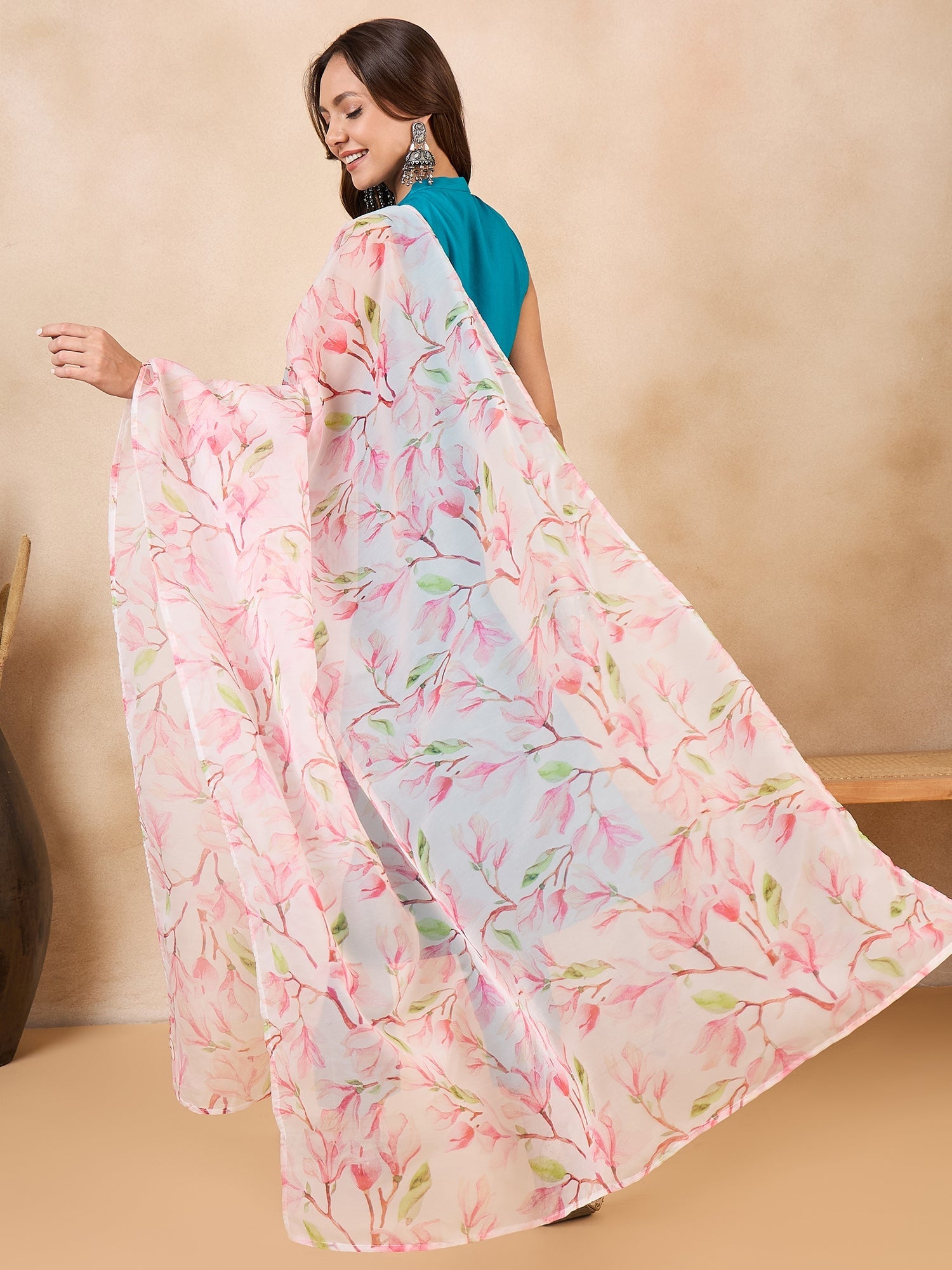 Women's White Peach Floral Print Organza Dupatta - InWeave