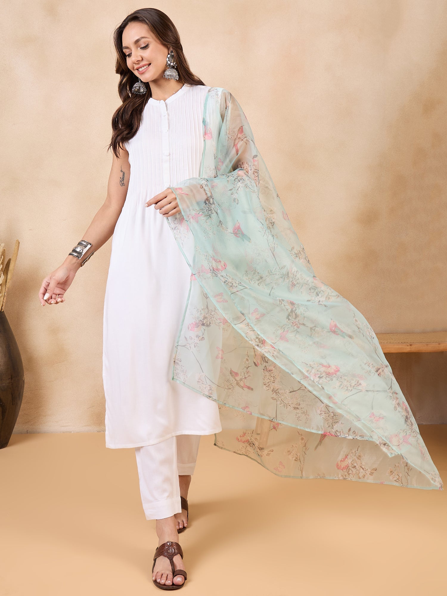 Women's Teal Bird Print Organza Dupatta - InWeave