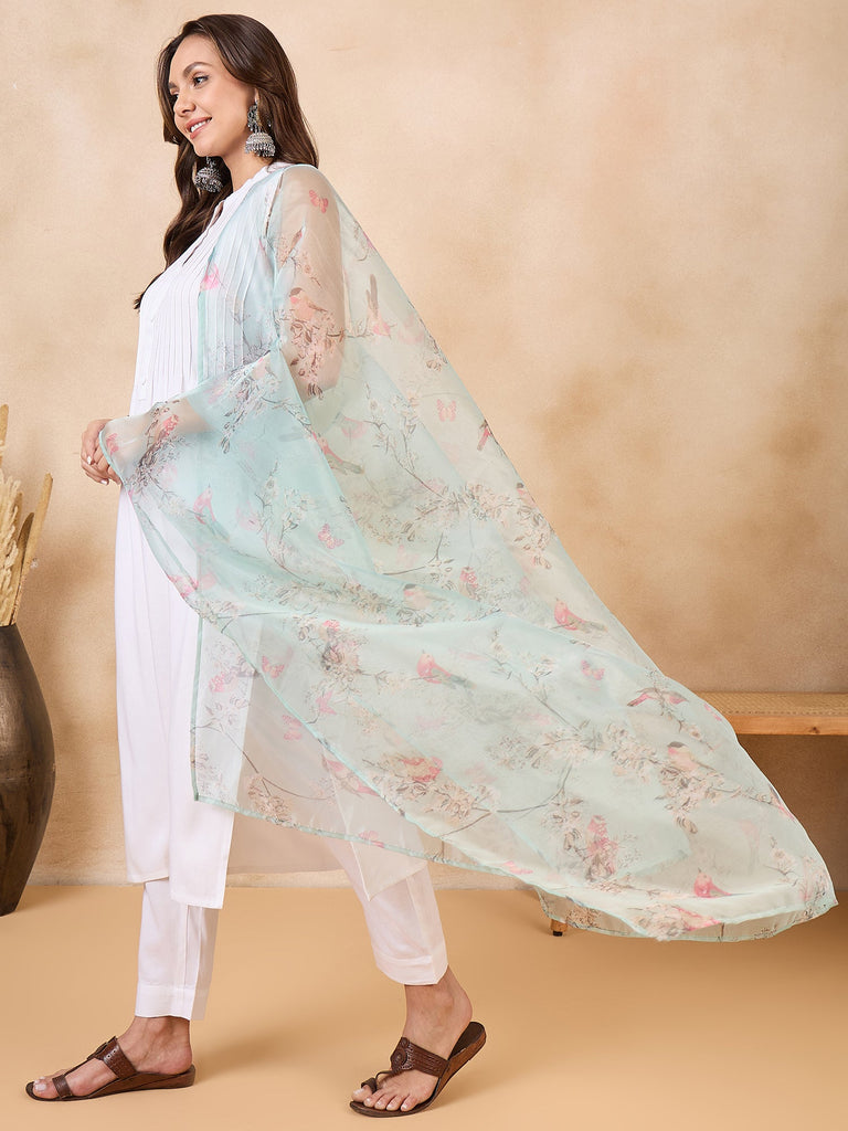 Women's Teal Bird Print Organza Dupatta