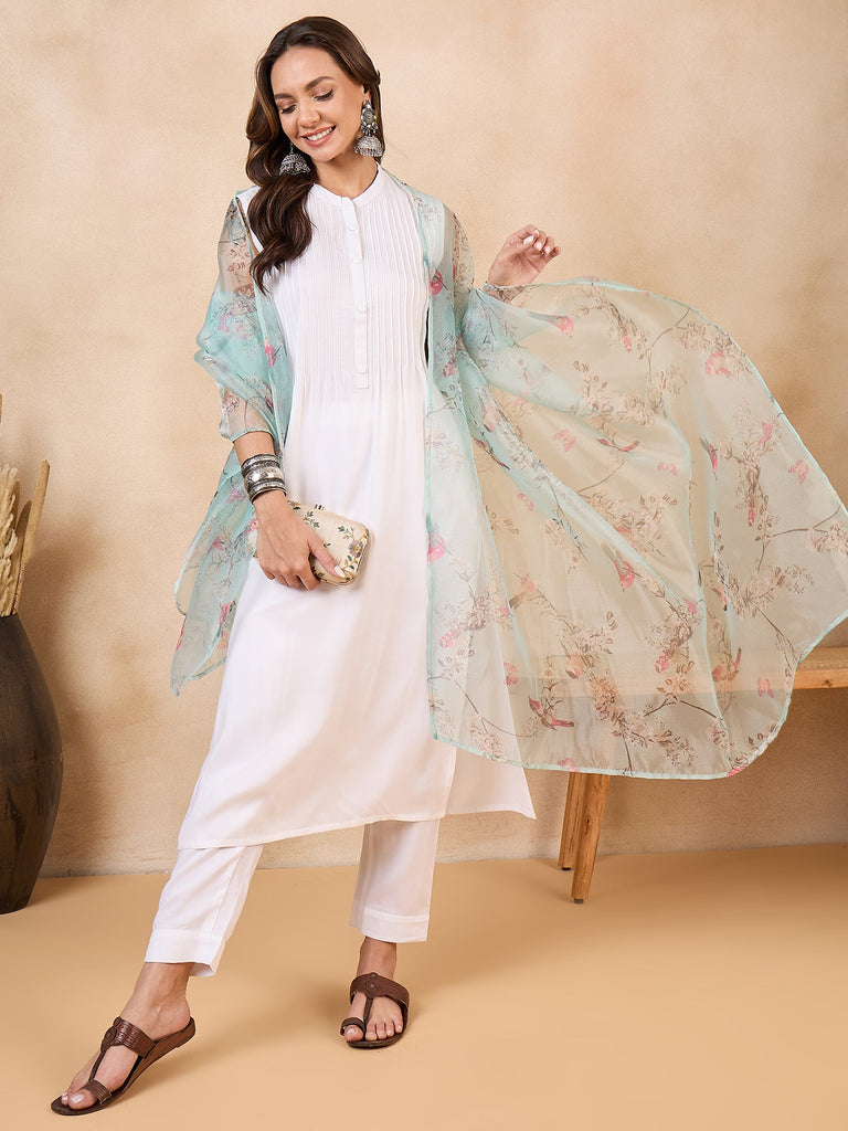 Women's Teal Bird Print Organza Dupatta