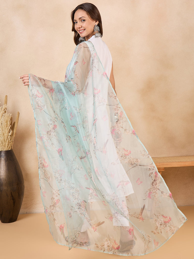 Women's Teal Bird Print Organza Dupatta