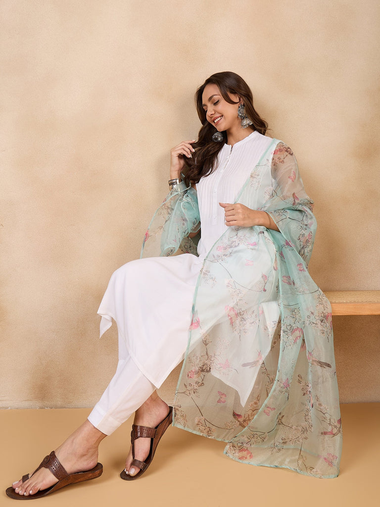 Women's Teal Bird Print Organza Dupatta