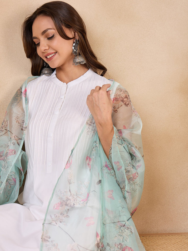 Women's Teal Bird Print Organza Dupatta