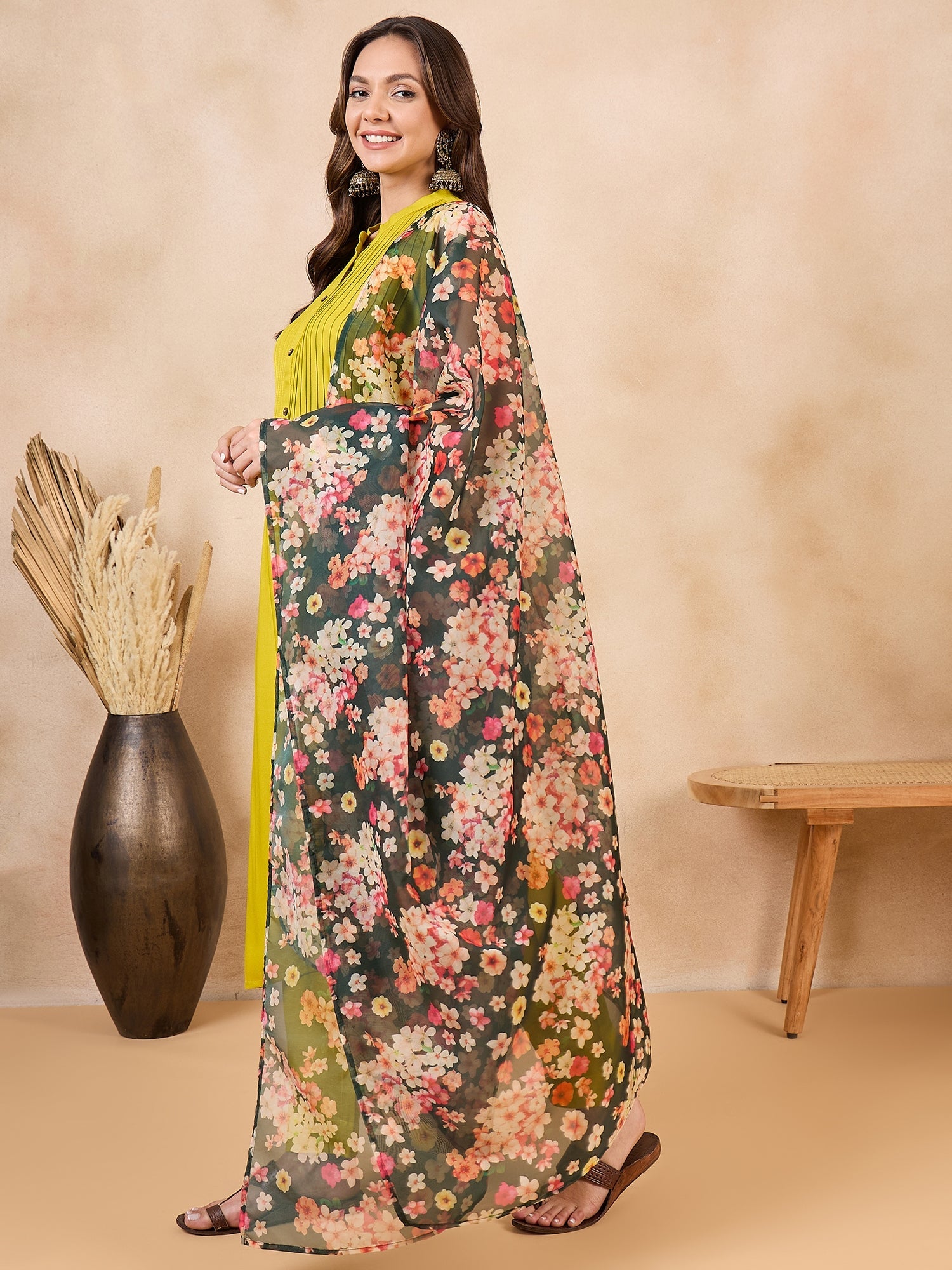 Women's Dark Green Floral Print Organza Dupatta - InWeave