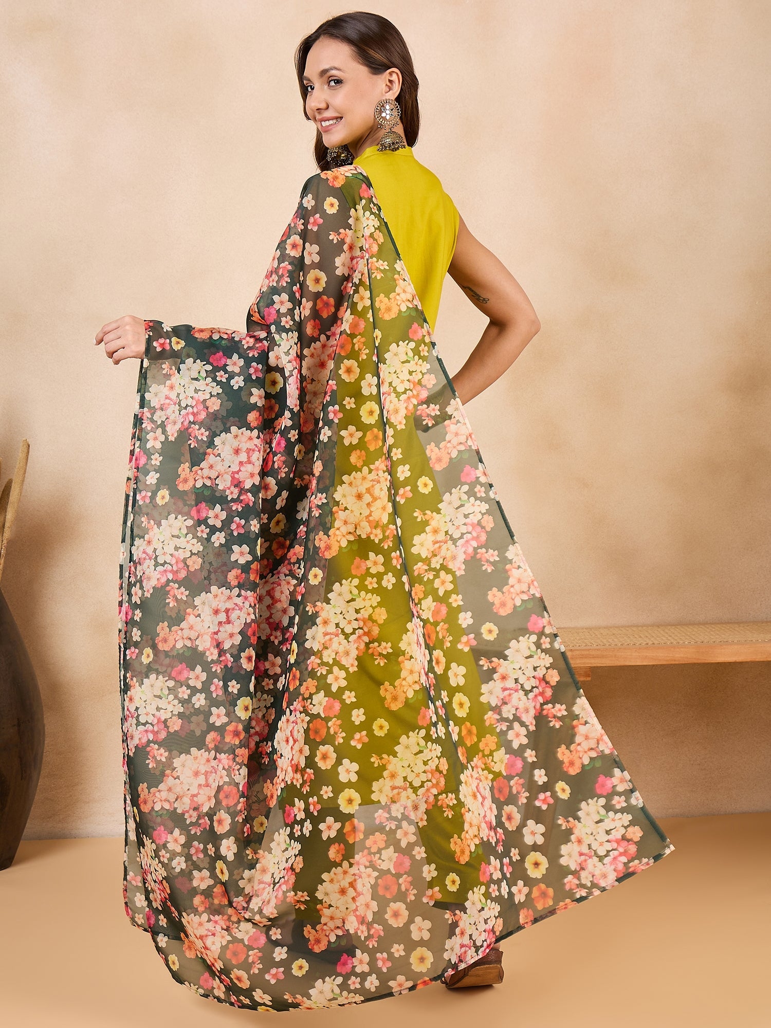 Women's Dark Green Floral Print Organza Dupatta - InWeave