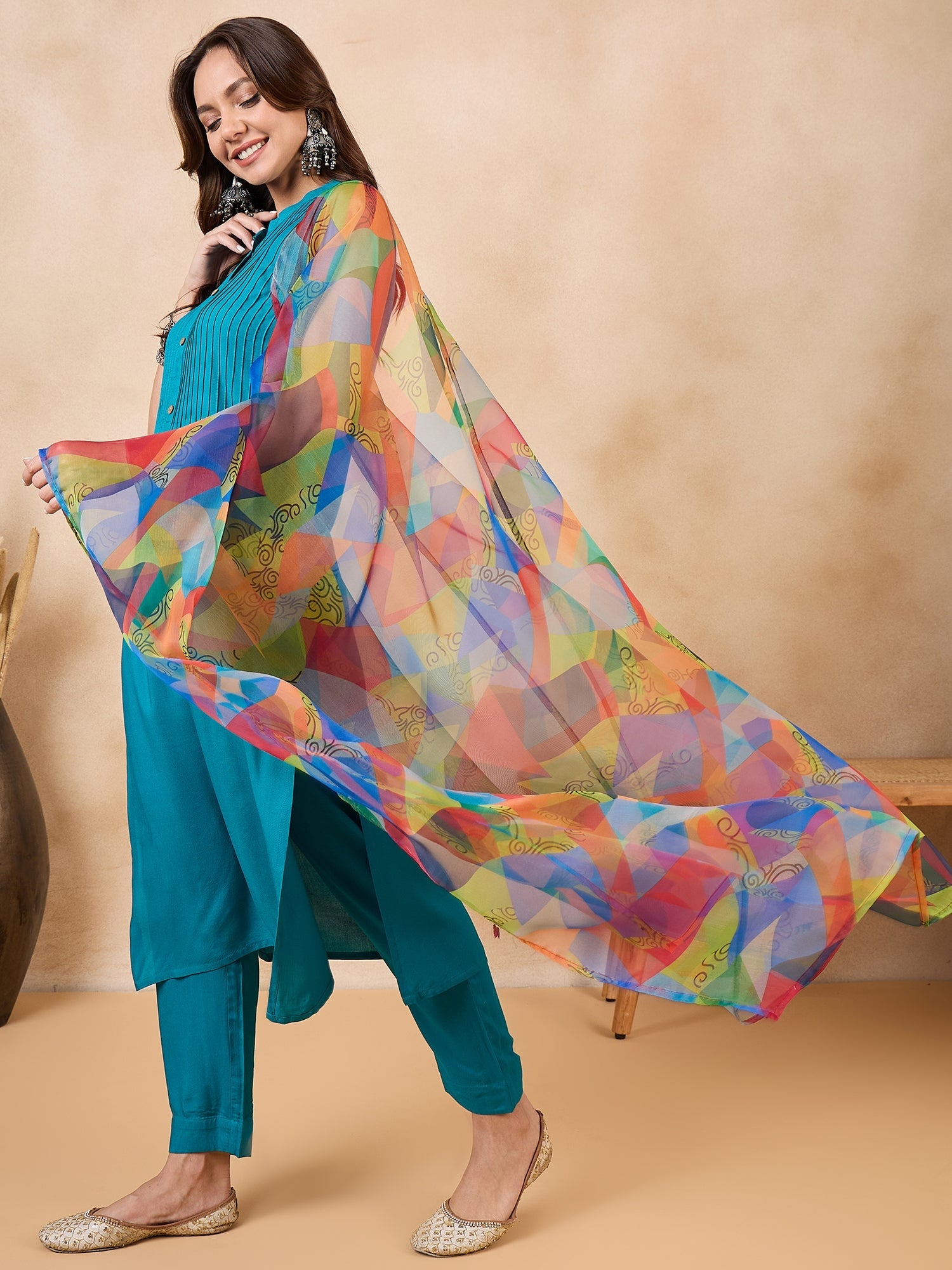 Women's Green Big Abstarct Print Organza Dupatta - InWeave